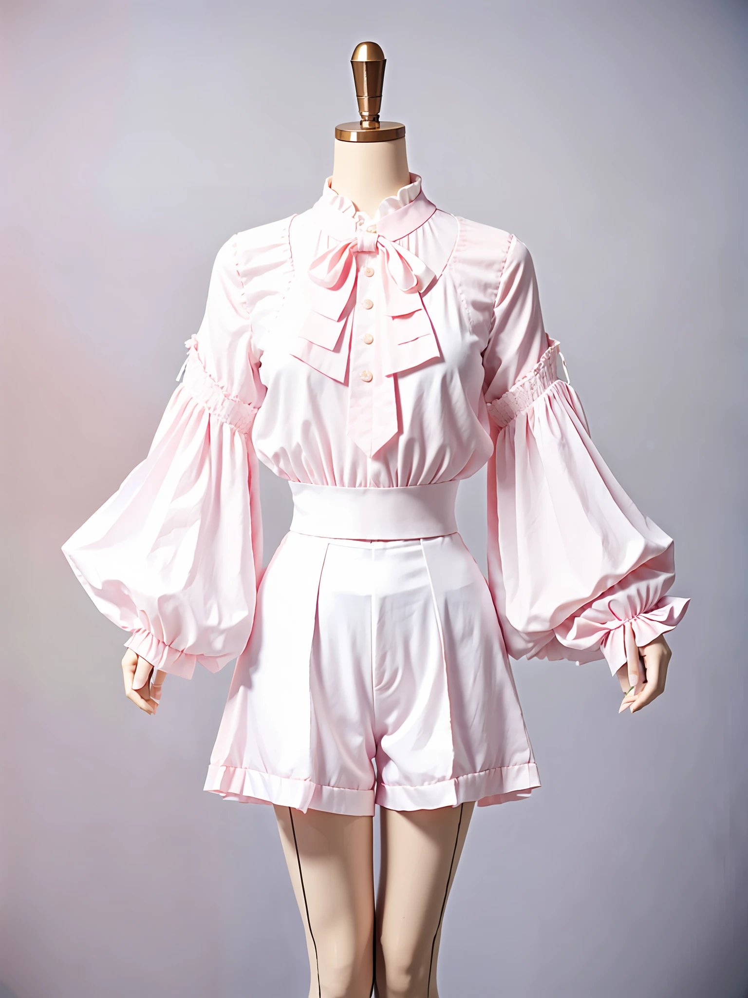 a close up of a mannequin with a pink blouse and white shorts, fantasy outfit, pink clothes, white and light-pink outfit, white and pink, pink pastel, fantasy style clothing, light pink, pastel pink, ((pink)), pastel clothing, fashion clothing, (pink colors), outfit design, beautiful clothes, fancy top, japanese clothes, female outfit, pink