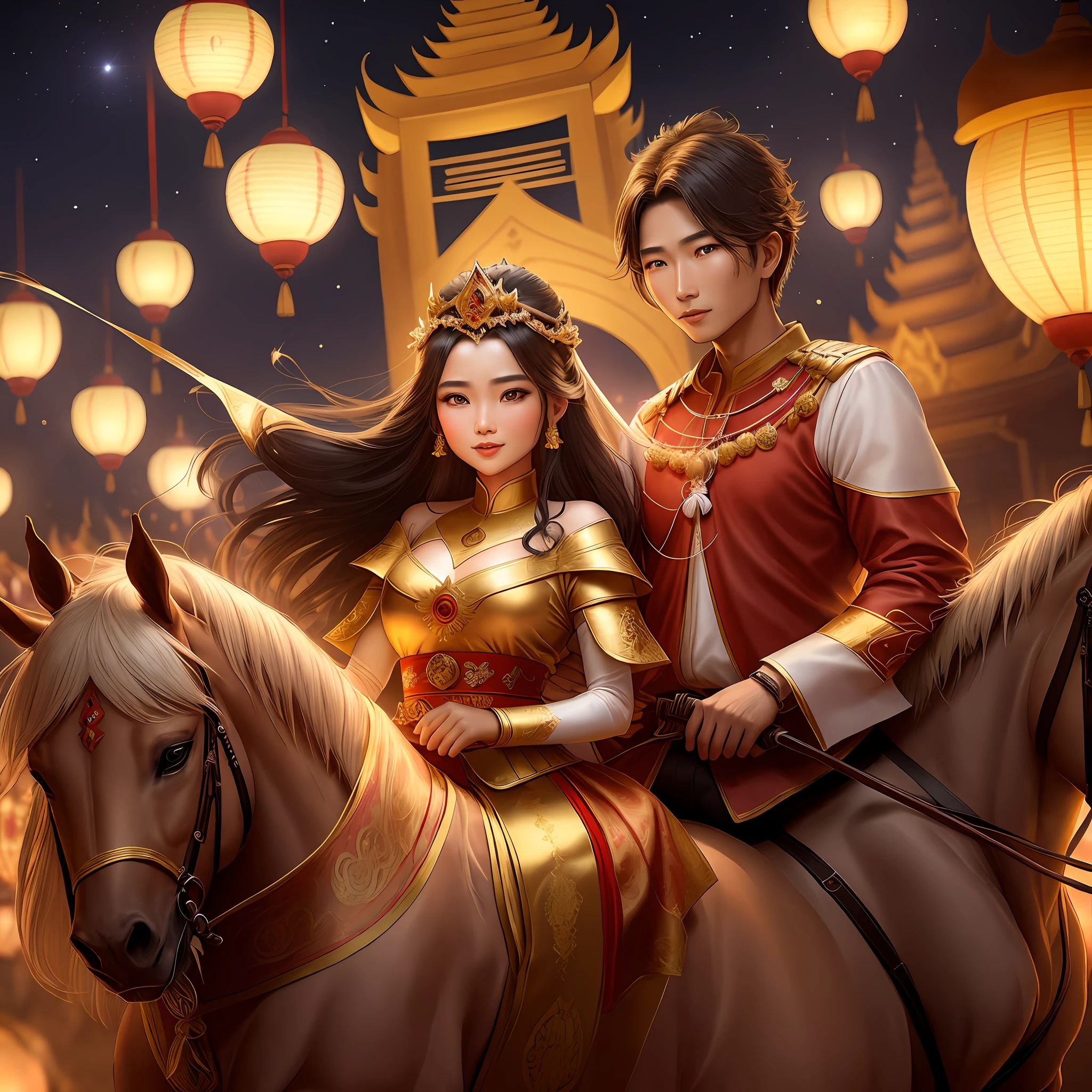 /imagine A beautiful queen on throne and a commander on horse in bagan
night, lamps, lantern, festival, party, crowd, people, dance, Ai, adva nced, love eyes, love sight, golden, Asia building,palace, pagoda, traditional dress, happy, moonlight, night,HD,shop night,aesthetic,shadow,Ad12th century night, myanmar style,