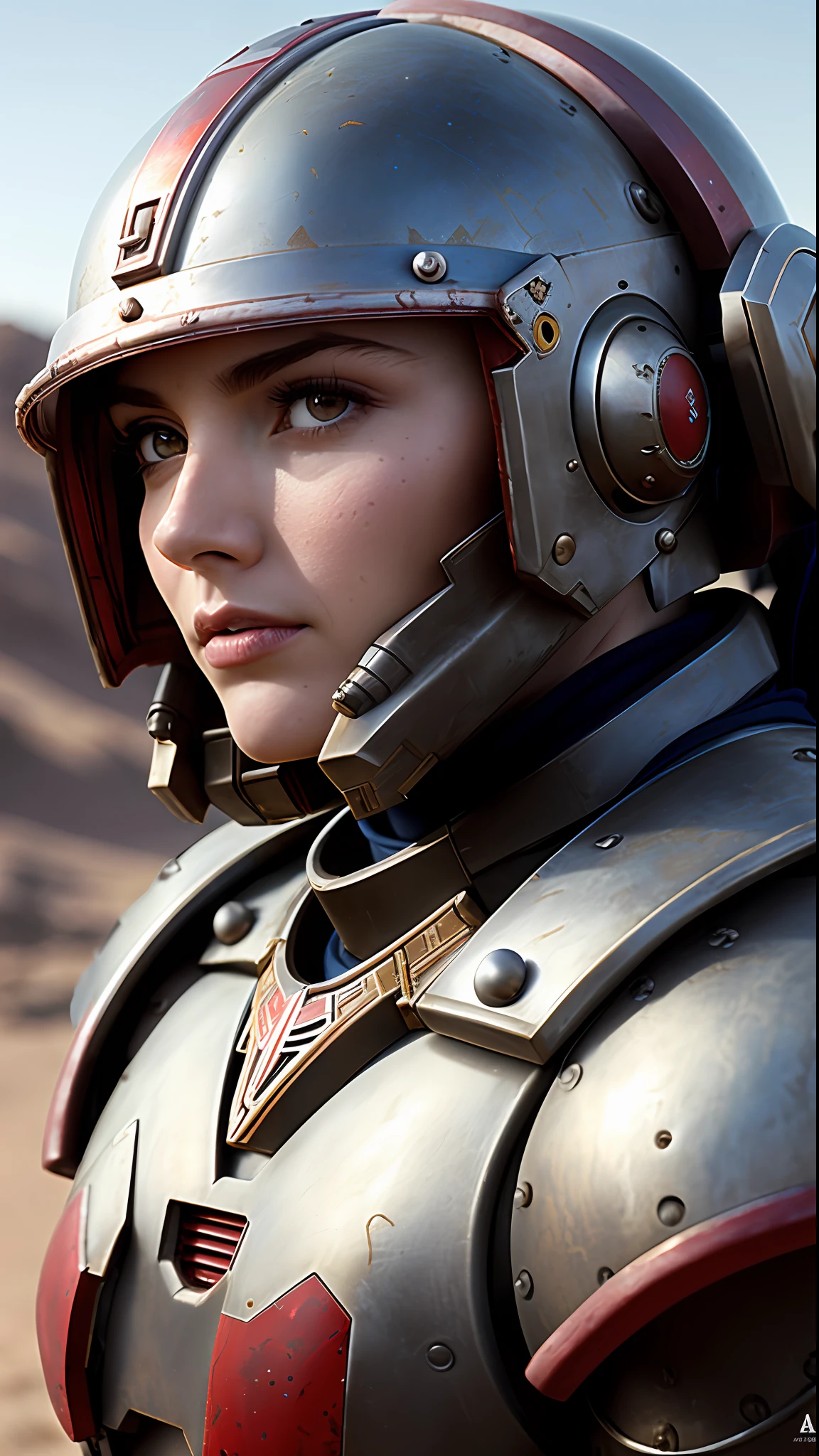 Portrait of a Space Marine woman, pronounced feminine feature, red and blue heavy armor, in the desert, detailed, cinematic composition, power armor, intricate details, eerie, highly detailed, 8k, art by artgerm and greg rutkowski and alphonse mucha, poor quality photo, blurry, reflective metal