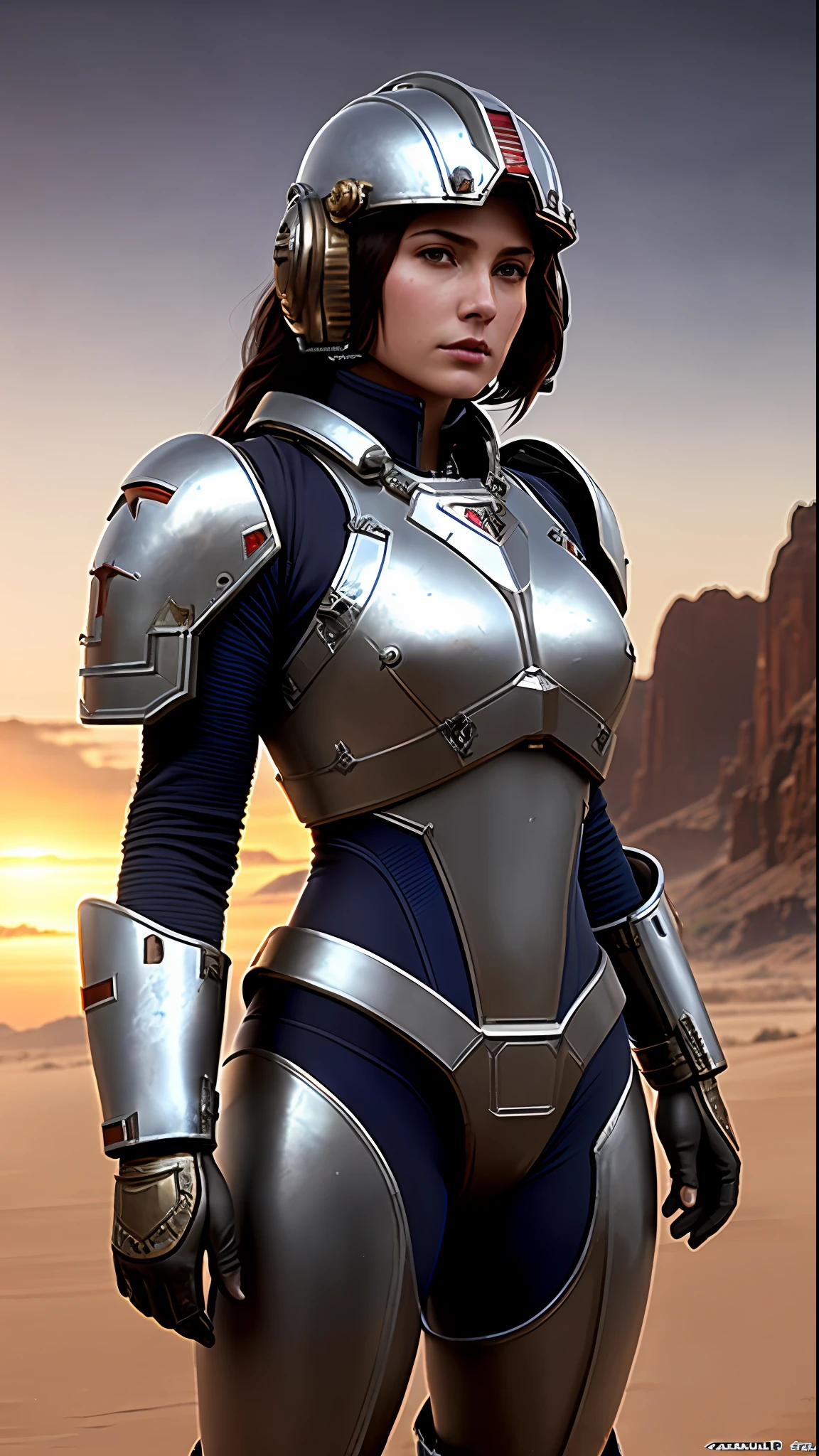 Portrait of a Space Marine woman, pronounced feminine feature, red and blue heavy armor, in the desert, detailed, cinematic composition, power armor, intricate details, eerie, highly detailed, 8k, art by artgerm and greg rutkowski and alphonse mucha, poor quality photo, blurry, reflective metal