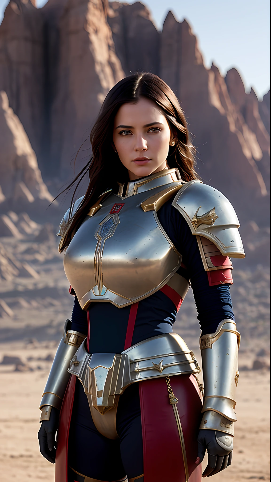 Portrait of a Space Marine woman, pronounced feminine feature, red and blue heavy armor, in the desert, detailed, cinematic composition, power armor, intricate details, eerie, highly detailed, 8k, art by artgerm and greg rutkowski and alphonse mucha, poor quality photo, blurry, reflective metal