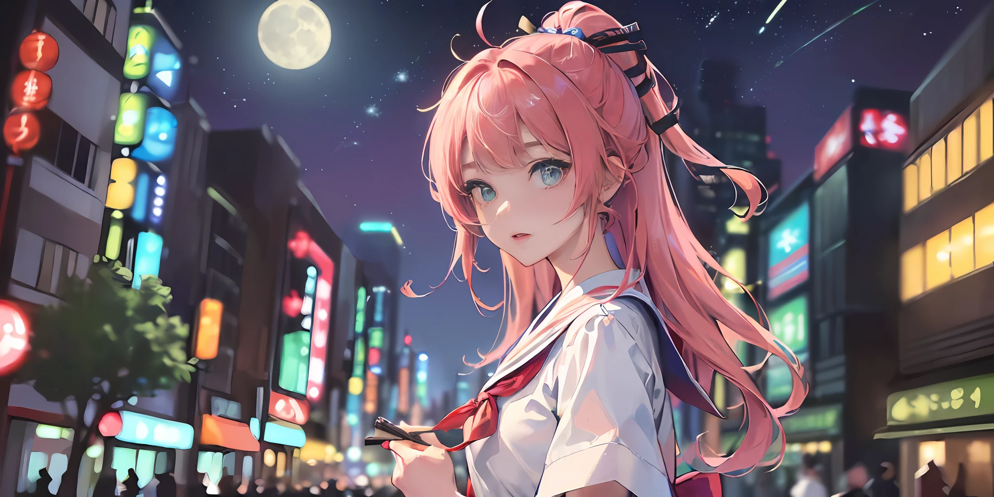 (((Masterpiece: 1.5, Best Quality, High Resolution: 1.3, Super Resolution, Super Detail, Super Detail: 1.3, Rich Background: 1.2))), 1 Girl, Solo, Green Eyes, Long Pink Hair with Blue Ribbon, Blunt Bangs, Cute Hairpin, School Uniform, White Serafon, Red Sailor Collar, Short Sleeves, Blue Pleated Skirt, (Outdoor), ((Downtown), (Crowd), ((Japanese Vibe: 1.3)), Landscape, ((Night)), Darkness, (Low Light: 1.1), Moon, (Moonlight: 1.2), ((Dynamic Light: 1.4)), ((Head Close-up))))))