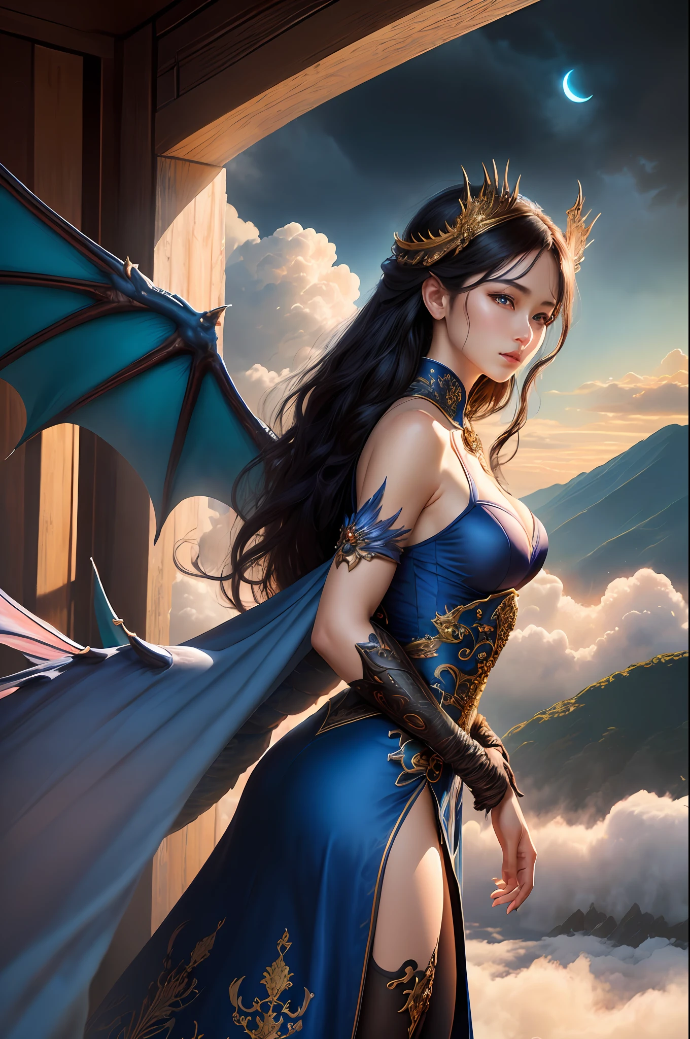 ((best quality)), ((masterpiece)), (detailed), emperatriz dragon flying over a vilareijo (ancient korea), realistic eyes, black hair, blue eyes, small breasts, blue sensual korean setin dress,symmetrical dragon wings, evil landscape, ethereal beauty, (fantasy illustration:1.3), charming look, captivating pose, solo girl, supernatural charm, mystical sky, (anime), moonlit night, soft colors, (detailed cloudy landscape:1.3),  (high resolution:1.2)