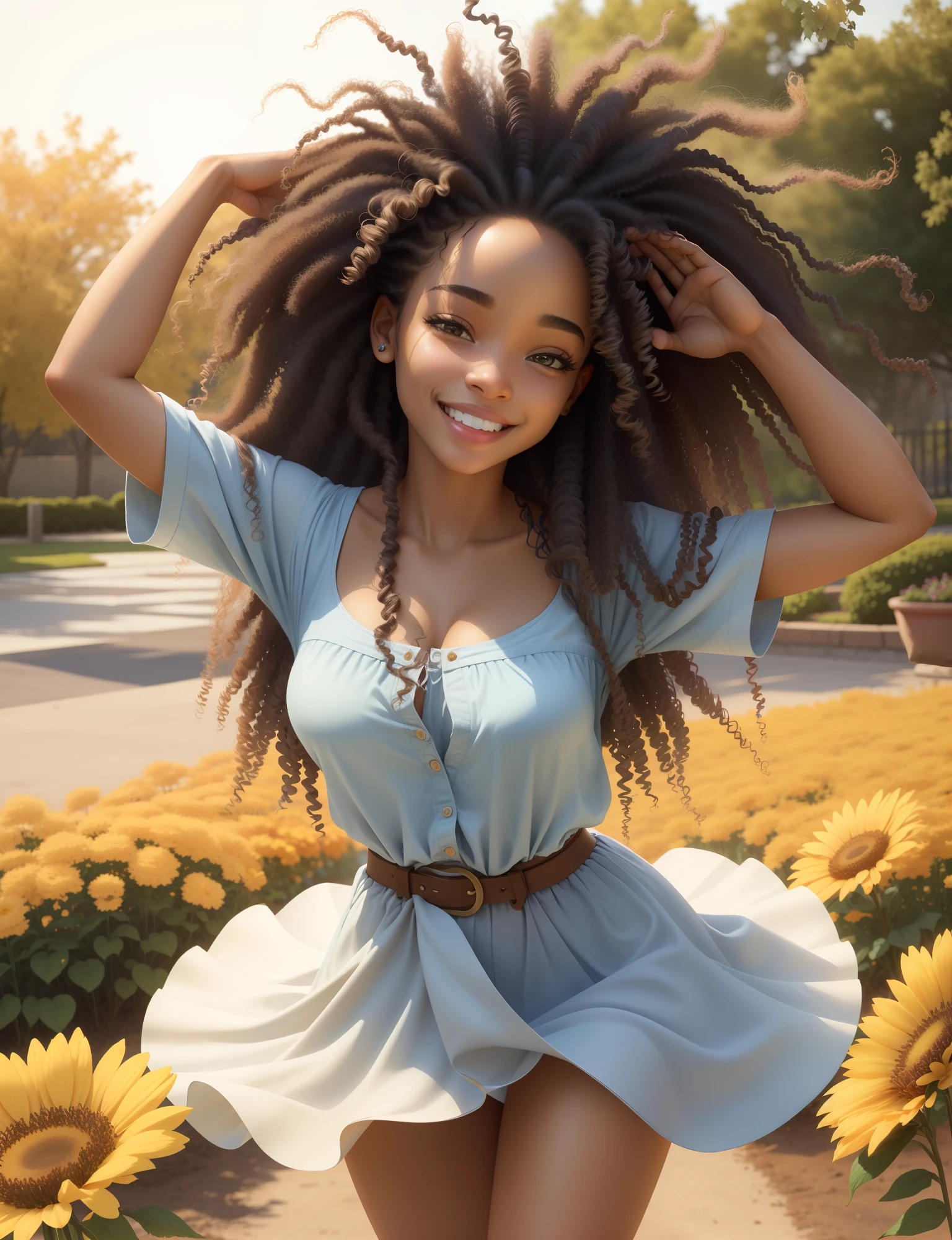 3d of 1girl, ((solo))), (30s long messy curly hair, smiling
happy, African-American, kind eyes;1.15), model's sculptural body, afternoon
autumn, flower garden, warm and soft light, flowers being
blown away by the wind, motion blur lens -- 9:16