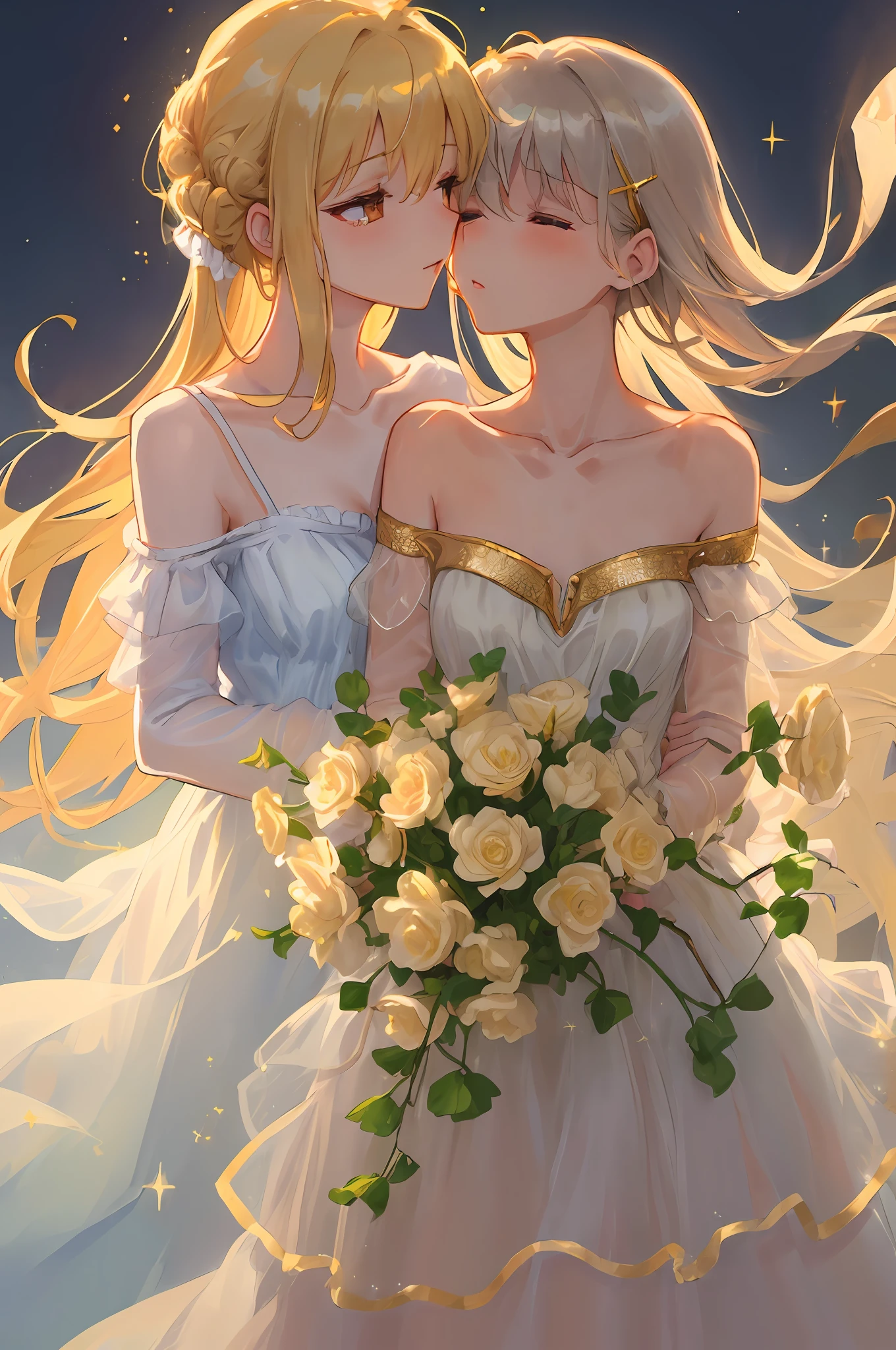 (collarbone:1.331), 2 girls,yuri,lesbian,kiss, young woman in a light dress standing, see-through dress,woman in a gray dress, art photography, princess, soft light, (enchanting, gold sparkles, flowing in the wind), intimate but not tight, fireball,skirtlift, quiet evening, angelic face