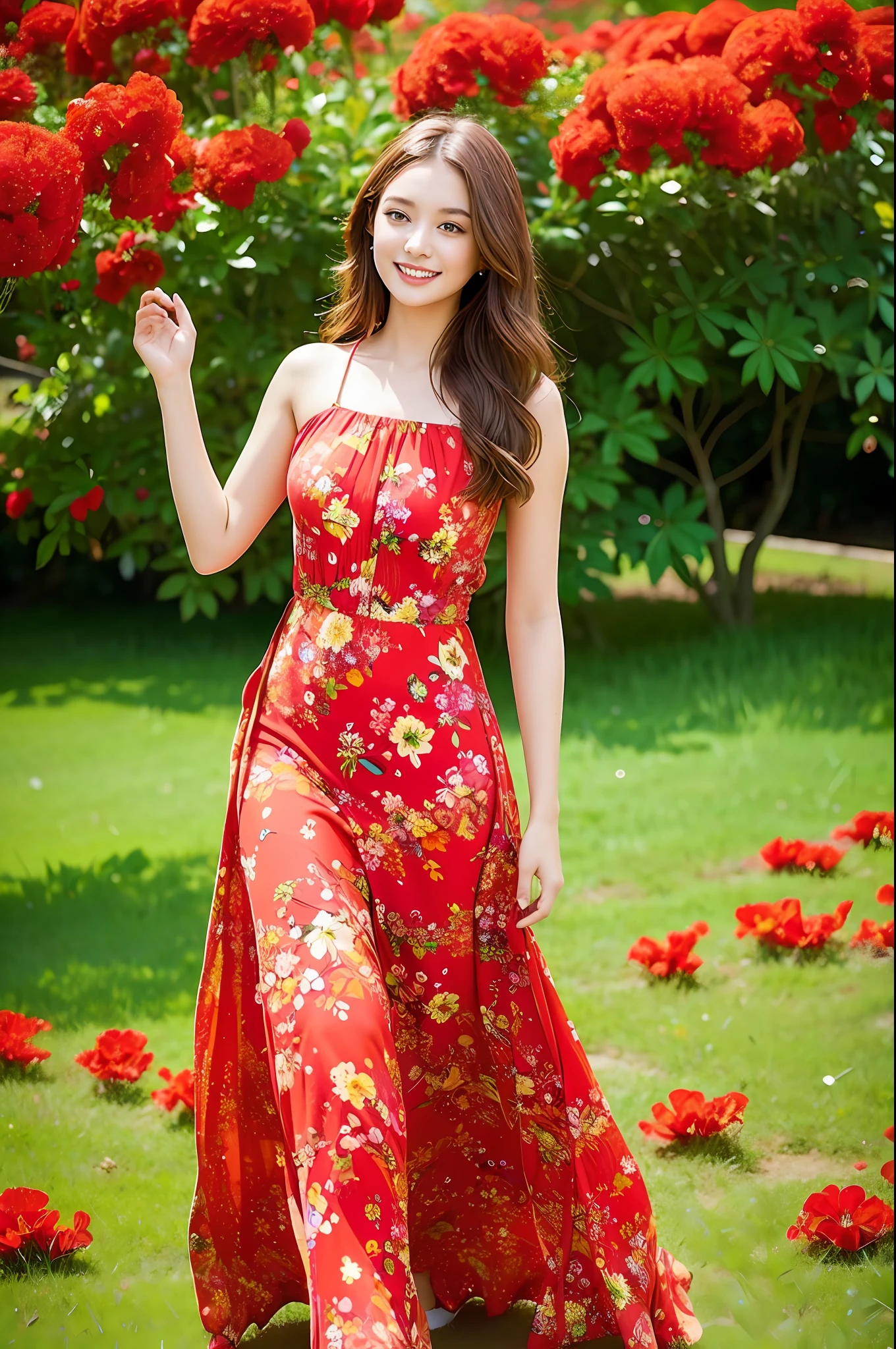 Happy theme , (best quality, masterpiece:1.2), 18yo beautiful girl in garden, Dress: Opt for a breezy and flowy maxi dress in a vibrant color or a fun floral pattern. Maxi dresses are great for capturing movement and creating an elegant look. (red flowers mess in background:1.3),