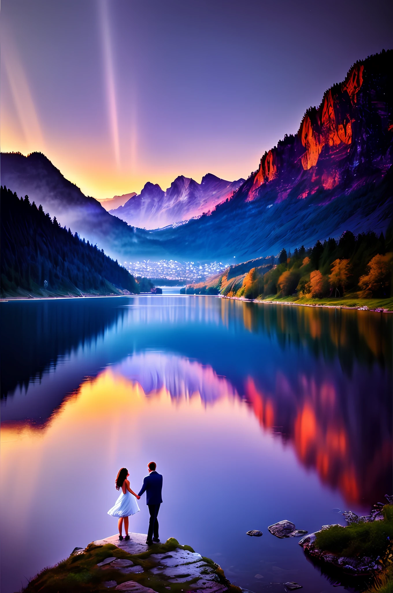 Best quality, maximum resolution, super realistic, super detailed, magnificent background, stunning light reflections, beautifully lit landscape, colors reflecting off the lake. A couple dancing standing on a rock in front of a lake, while showers of hearts fall from the sky.