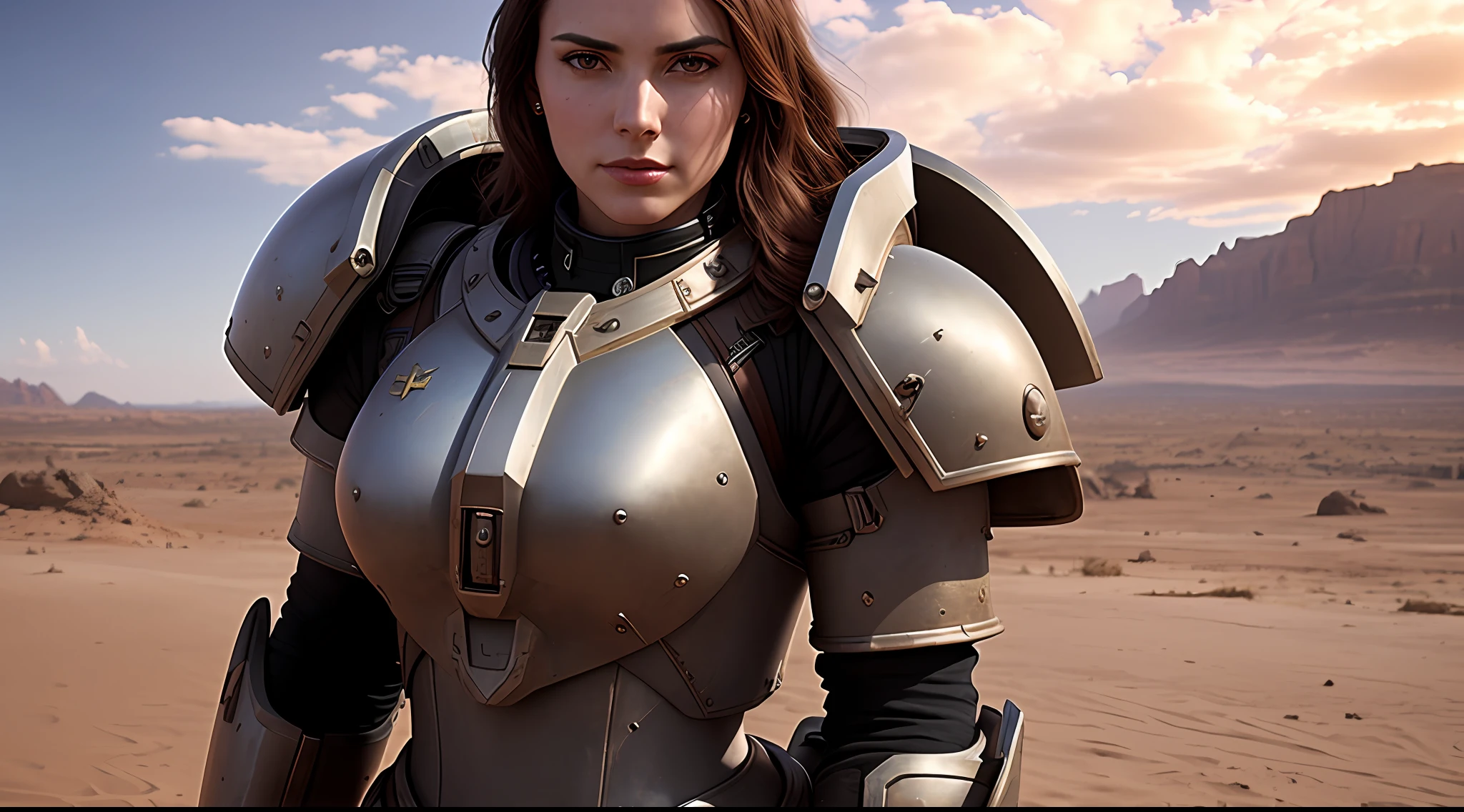 Portrait of a Space Marine woman, pronounced feminine feature, red and blue heavy armor, in the desert, detailed, cinematic composition, power armor, intricate details, eerie, highly detailed, 8k, art by artgerm and greg rutkowski and alphonse mucha, poor quality photo, blurry, reflective metal