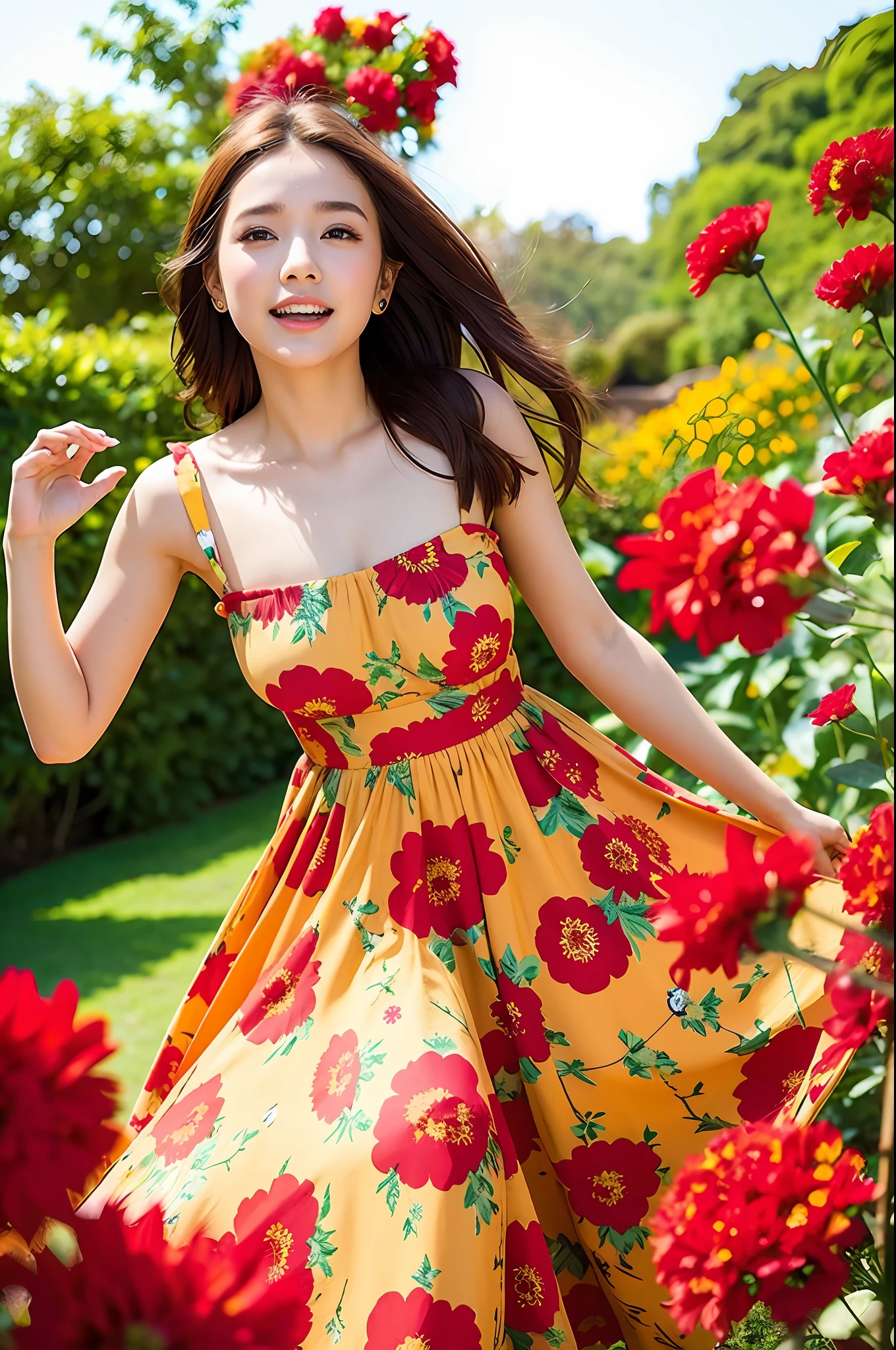 Happy theme , (best quality, masterpiece:1.2), 18yo beautiful girl in garden, Dress: Opt for a breezy and flowy maxi dress in a vibrant color or a fun floral pattern. Maxi dresses are great for capturing movement and creating an elegant look. (red flowers mess in background:1.3),