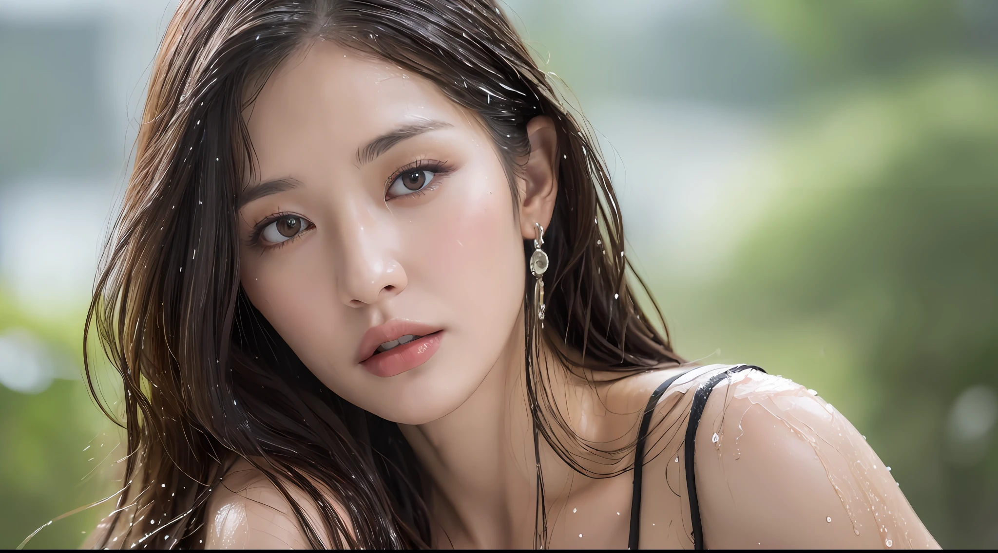 (Best quality, 4k, Masterpiece :1.3), pretty woman, 1girl, sexy :1.1, dark brown hair: 1.1, (rainy wet, wet from rain, wet body :1.2), white tank tops, ultra-detailed face, detailed lips, detailed eyes, double eyelid
