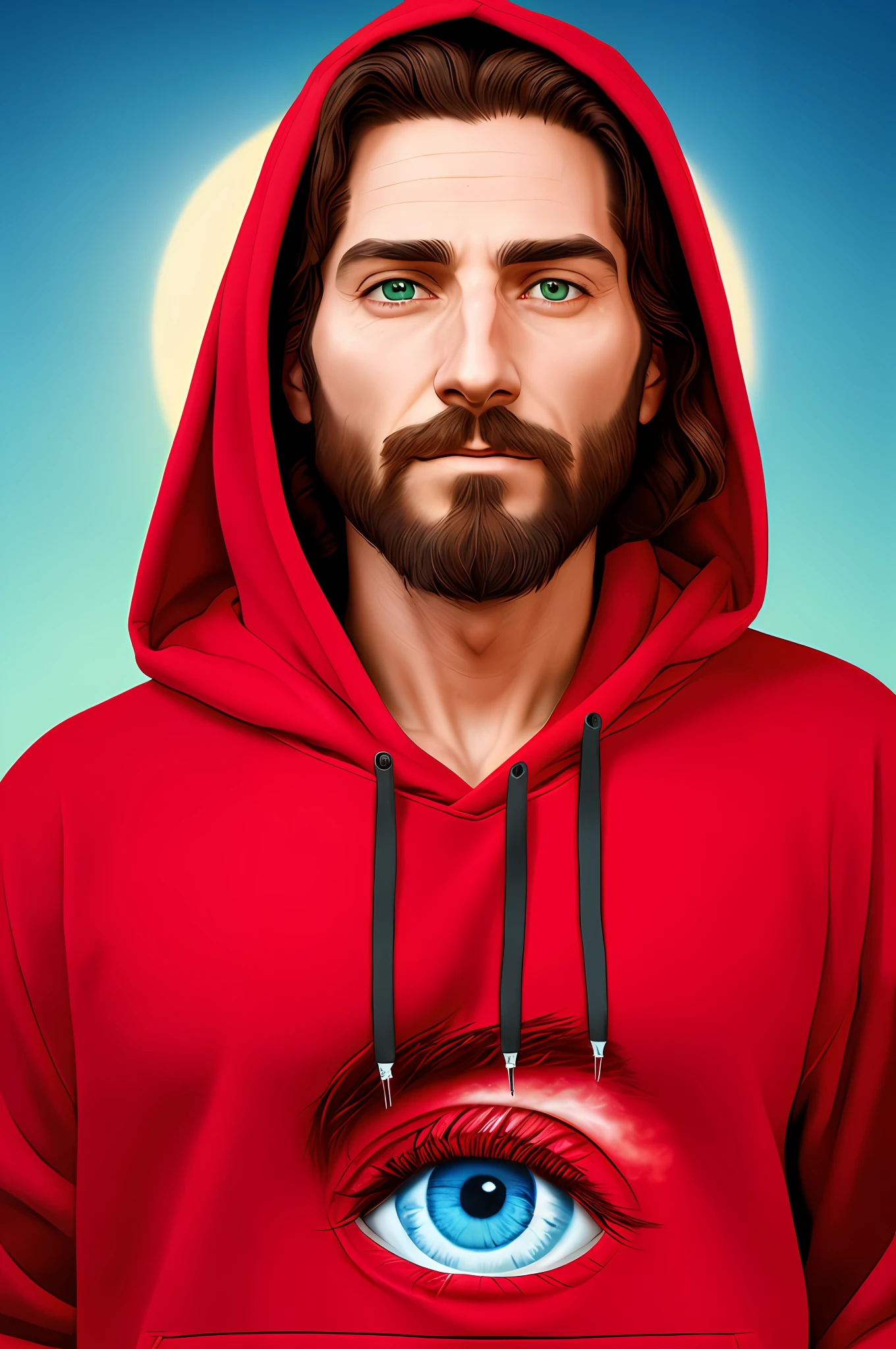 arafed man with a beard and a hoodie with an eye, portrait of jesus christ, cyberpunk jesus christ, jesus christ, dressed like jesus christ, jesus face, jesus christ smoking a blunt, ninja jesus, wearing a red hoodie, hyperrealistic illustration, realistic digital illustration, highly detailed character, highly detailed realistic face, realistic illustration, ultra realistic illustration