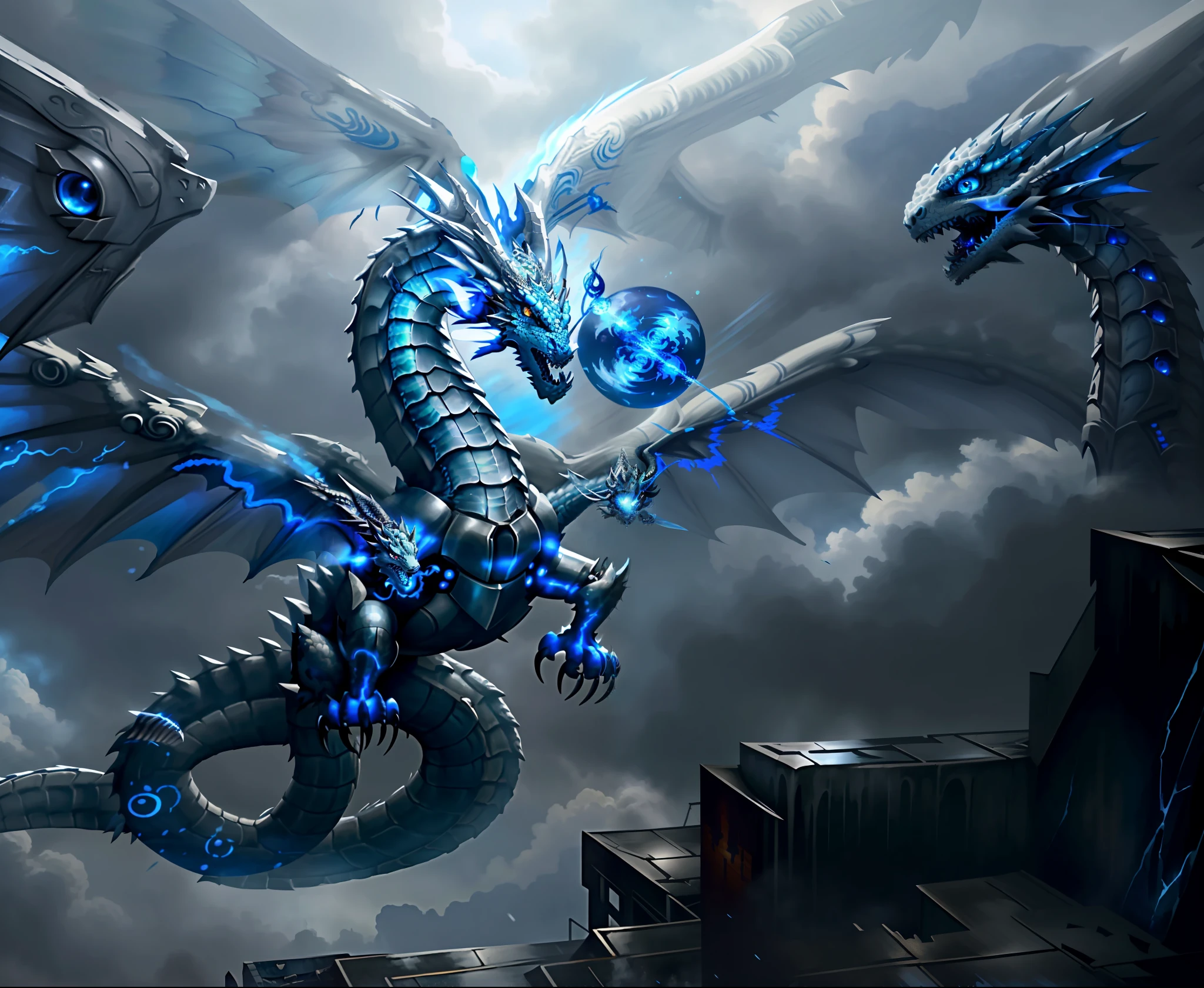The best picture quality, impeccable quality, masterpiece, city that has just gone through tribulation, ruins full of eyes, a silver-blue mechanical baby dragon, roaring, spraying blue flames, cold all around, covered with snowflakes, the whole environment is silver-blue, the dragon's eyes are hooked and pondering, blue pupils are watching, and flying in the wind with open wings.