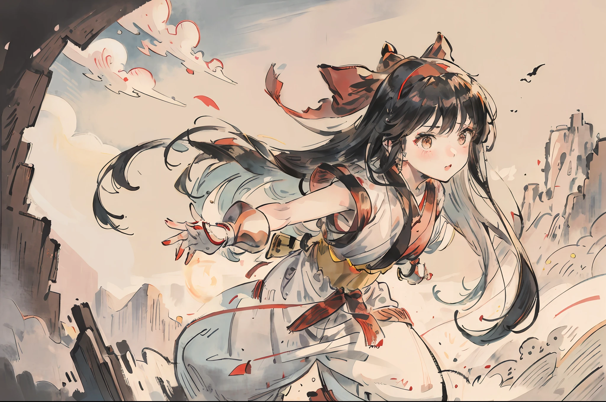 masterpiece, best quality,1girl, red bow, bow, long hair, hair bow, ainu clothes, solo, hairband, bird, black hair, fingerless gloves, short sleeves, gloves, sash, pants, bangs, red hairband, weapon, breasts, brown eyes, white pants, japanese clothes, nakoruru, light smile, officials art, good composition, official pose, detailed portrait, portrait, bokeh, mountain background with cloud, pencil style, traditional brush, samurai, onmyoji style, high resolution, dramatic lighting and shadow, sun flared, blurry foreground