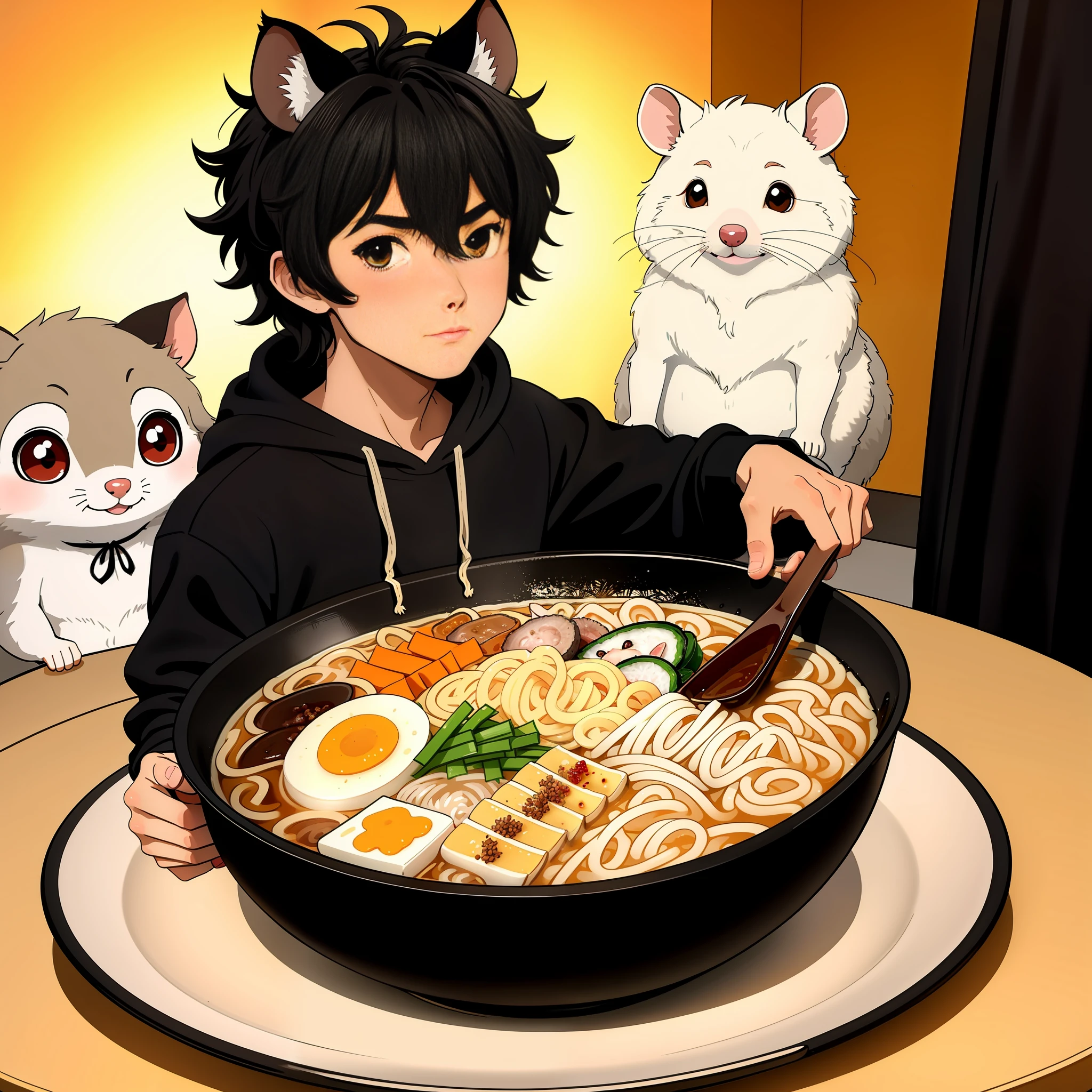 one possum boy inside a bowl of ramen, toned, flexing, possum ears, big black messy hair, masterpiece, vibrant, slim dark black hoodie
