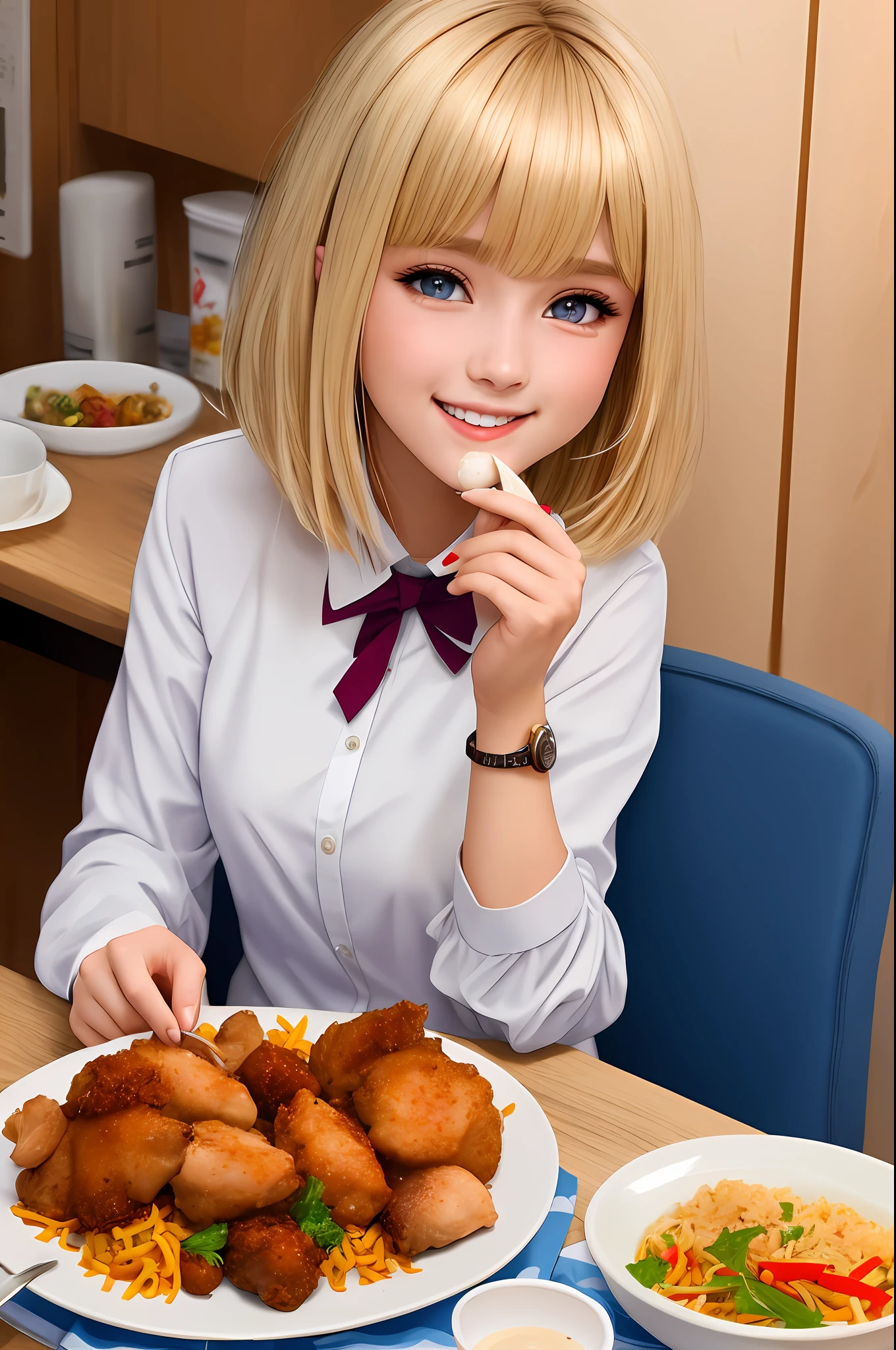 Teen, female, blonde hair, extremely detailed, super realistic, masterpiece, 8k, short hair, straight hair, blue pupils, long bangs on one side, funny face, cute, room full of food, white school uniform with red, sitting, smeared with fat, funny smile, eating chicken thigh