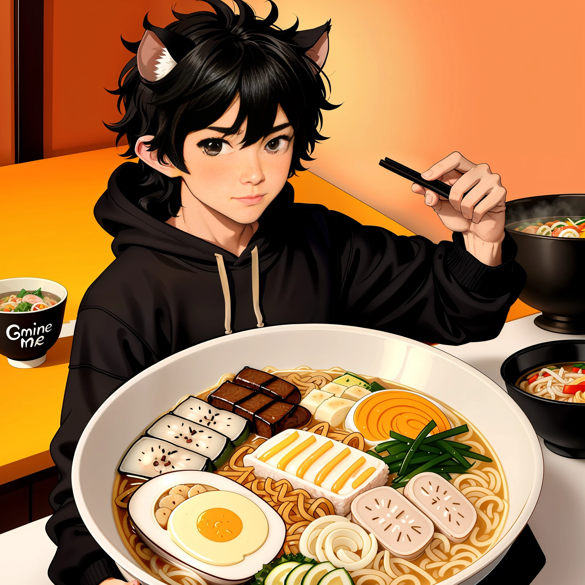 one possum boy inside a bowl of ramen, toned, flexing, possum ears, big black messy hair, masterpiece, vibrant, slim dark black hoodie