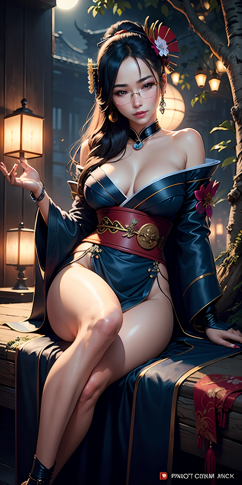A gorgeous sexy sexy sexy 23-year-old geisha with loose flowing hair, silky (oily) skin, fleshy lips, wearing eyeglasses, jewelry and bracelets (photorealistic: photorealistic, 8K masterpiece), blue and short carmine curt kimono with bright neon flower details, sitting under a futuristic tree trunk (science fiction) with a bright full moon behind it (hyperrealistic: realistic intricate details), smiling: sensual features, (texture and environment well detailed pure perfect lighting).