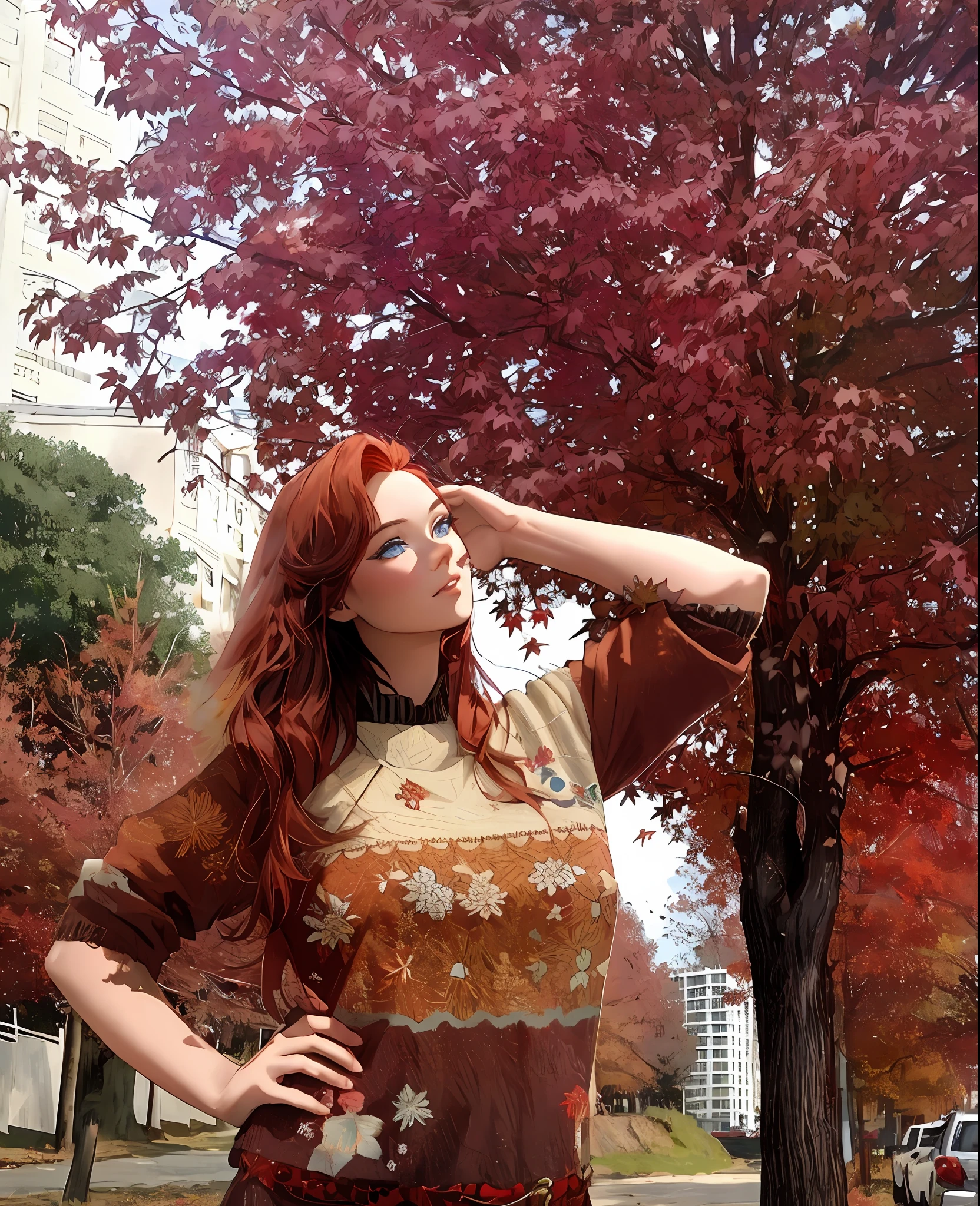 Red-haired woman, thin, animal skin clothing, blue eyes, autumn weather, colorful tree leaves, perfect lighting, 8k quality, lots of details, cinematic focus