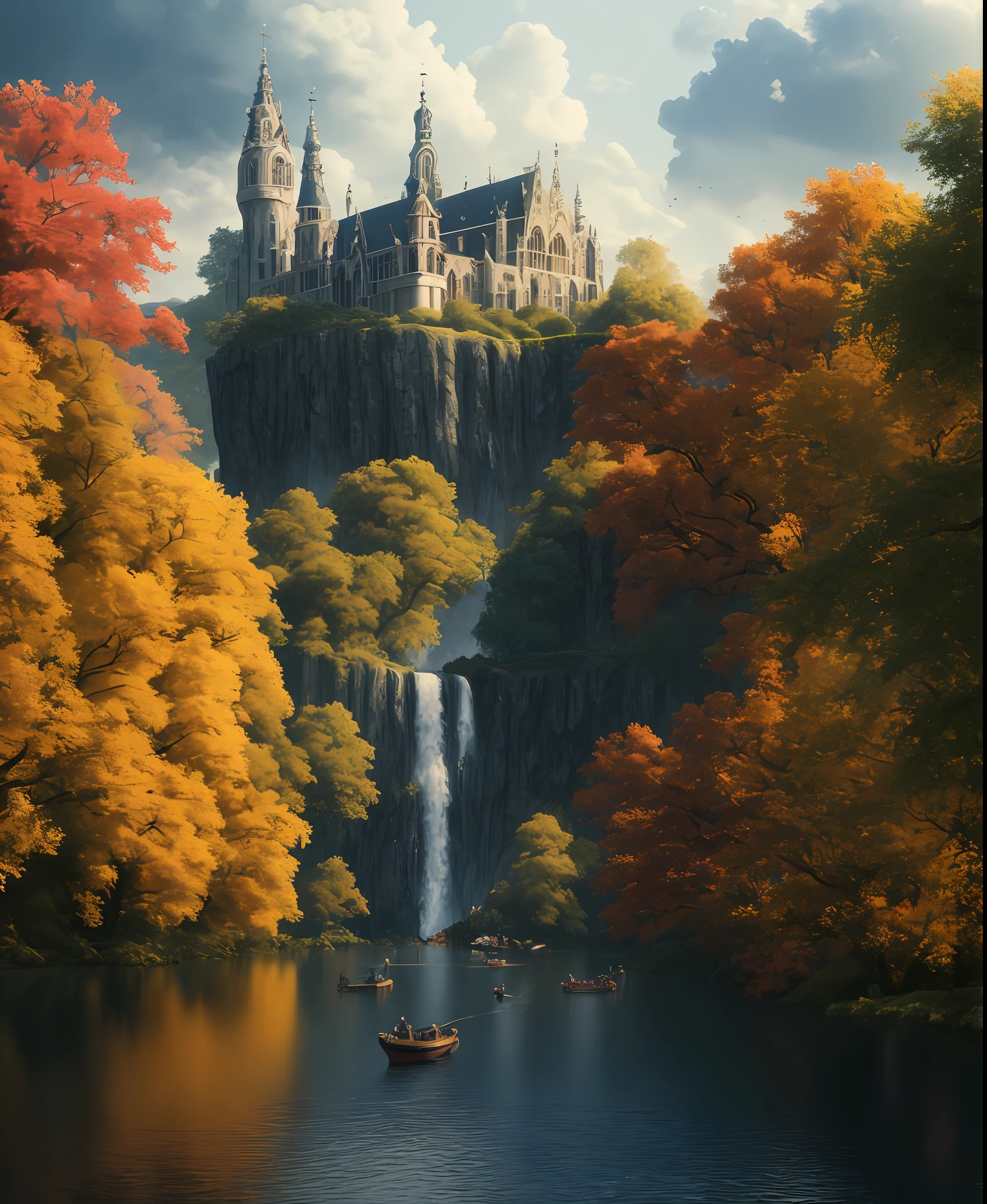 Masterpiece, best quality, high quality, extremely detailed CG unity 8k wallpaper, medieval castle kingdom. Landscape, Amsterdam, Autumn, Outdoors, Rainbow, Sky, Clouds, Sky, Landscape, Water, Trees, Blue Sky, Waterfall, Nature, Lake, River, Cloudy Sky, Award Winning Photography, Bokeh, Depth of Field, HDR, Bloom, Chromatic Aberration, photorealistic, highly detailed, trending on artstation, trending on CGsociety, intricate, high detail, dramatic, midjourney art
