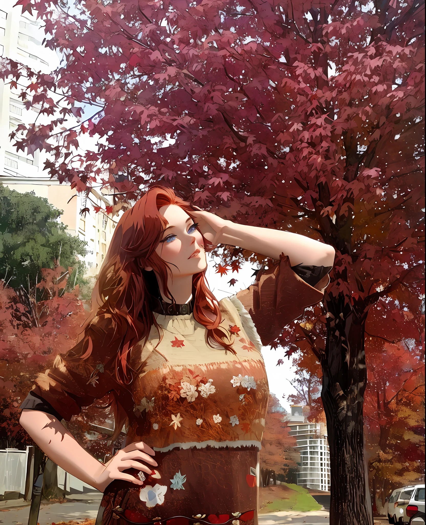 Red-haired woman, thin, animal skin clothing, blue eyes, autumn weather, colorful tree leaves, perfect lighting, 8k quality, lots of details, cinematic focus
