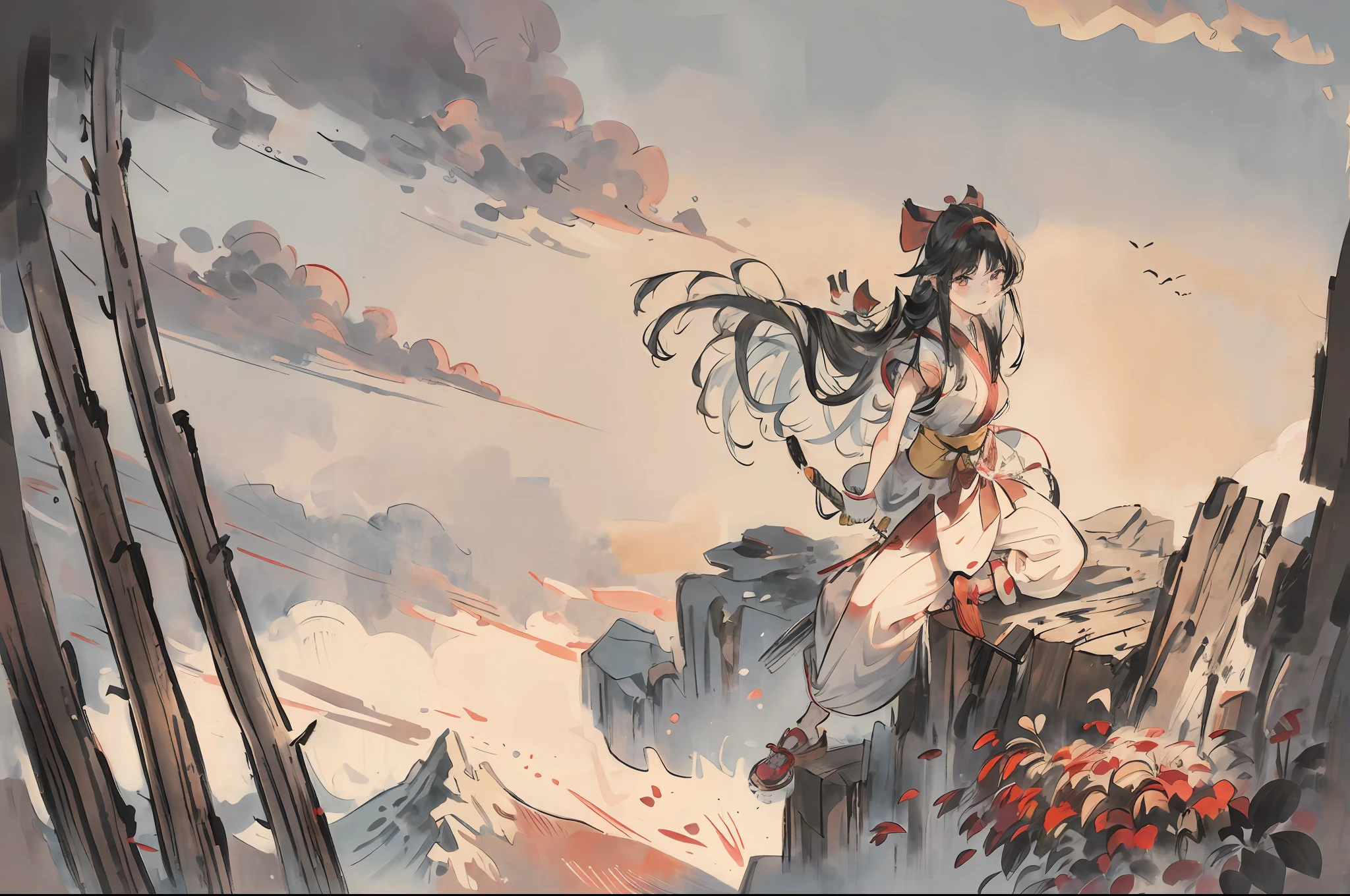 masterpiece, best quality,1girl, red bow, bow, long hair, hair bow, ainu clothes, solo, hairband, bird, black hair, fingerless gloves, short sleeves, gloves, sash, pants, bangs, red hairband, weapon, breasts, brown eyes, white pants, japanese clothes, nakoruru, light smile, officials art, good composition, official pose, detailed portrait, portrait, bokeh, mountain background with cloud, pencil style, traditional brush, samurai, onmyoji style, high resolution, dramatic lighting and shadow, sun flared, blurry foreground