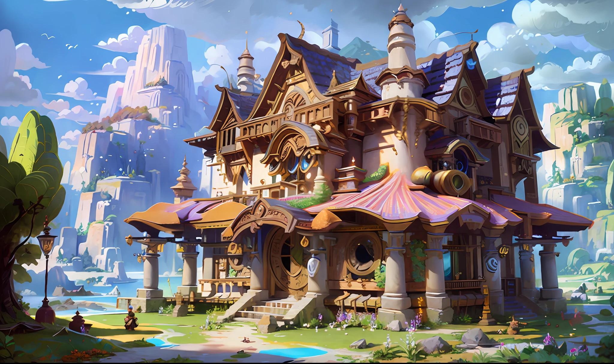Elf Kingdom, house full of design, forest, lake, sky, clouds, fantasy incredible, supersaturated, surreal, Pixar style, high resolution, artgerm, masterpiece, super detailed, epic composition, high quality, highest quality, 32K