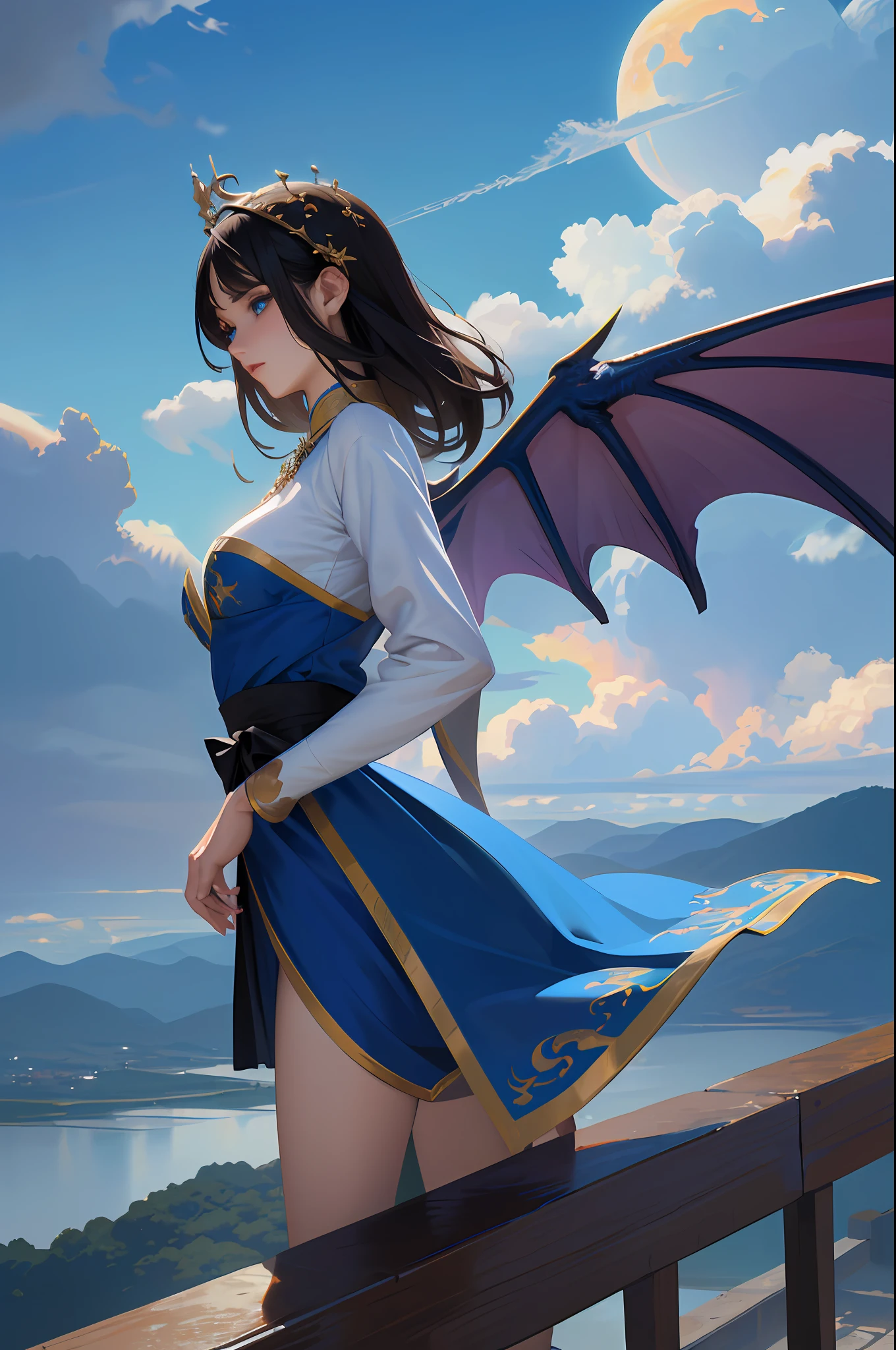 ((best quality)), ((masterpiece)), (detailed), emperatriz dragon flying over a vilareijo (ancient korea), realistic eyes, black hair, blue eyes, small breasts, blue sensual korean setin dress,symmetrical dragon wings, evil landscape, ethereal beauty, (fantasy illustration:1.3), charming look, captivating pose, solo girl, supernatural charm, mystical sky, (anime), moonlit night, soft colors, (detailed cloudy landscape:1.3),  (high resolution:1.2)