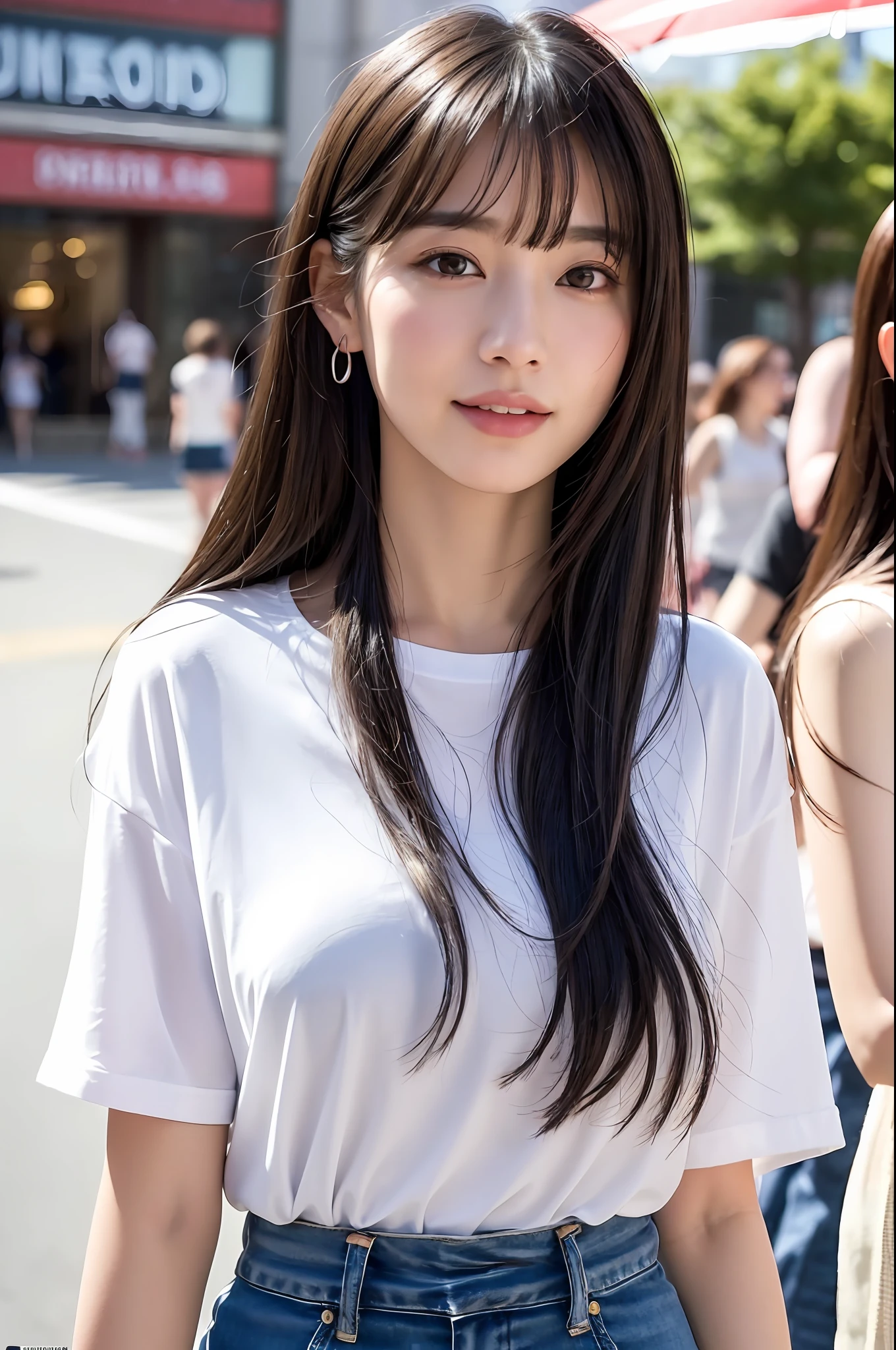 (8k, RAW Photo, Best Quality, Masterpiece:1.2), Ultra Detail, Super Resolution, (Realistic, Realistic Photo:1.37), Portrait, High Detail RAW Color Photo, Professional Photo, Extremely Detailed and Beautiful, Extremely detailed, 8k wallpaper, amazing and detailed, huge file size, official art, highly detailed CG unity 8k wallpaper, highly detailed beautiful girl, highly detailed face, highly detailed eyes, highly detailed skin, highly detailed fingers, highly detailed nose, very detailed detailed mouth , perfect anatomy, highly detailed background, highly detailed clothing, 1girl, (18:1.2), teen, cute girl, famous japanese idol, kawaii, realistic body, petite, fair skin, glowing skin , slim body , handsome body, black hair, long straight hair, (blunt bangs:1.2), smile, cute, youthful, cute face, realistic face, delicate eyes, drooping eyes, white t-shirt, skirt, earring, looking at viewer, cowboy shot, front Facing, Standing, Contraposto, High Street, Public, Crowd, Dynamic Lighting, Very Large Breasts,