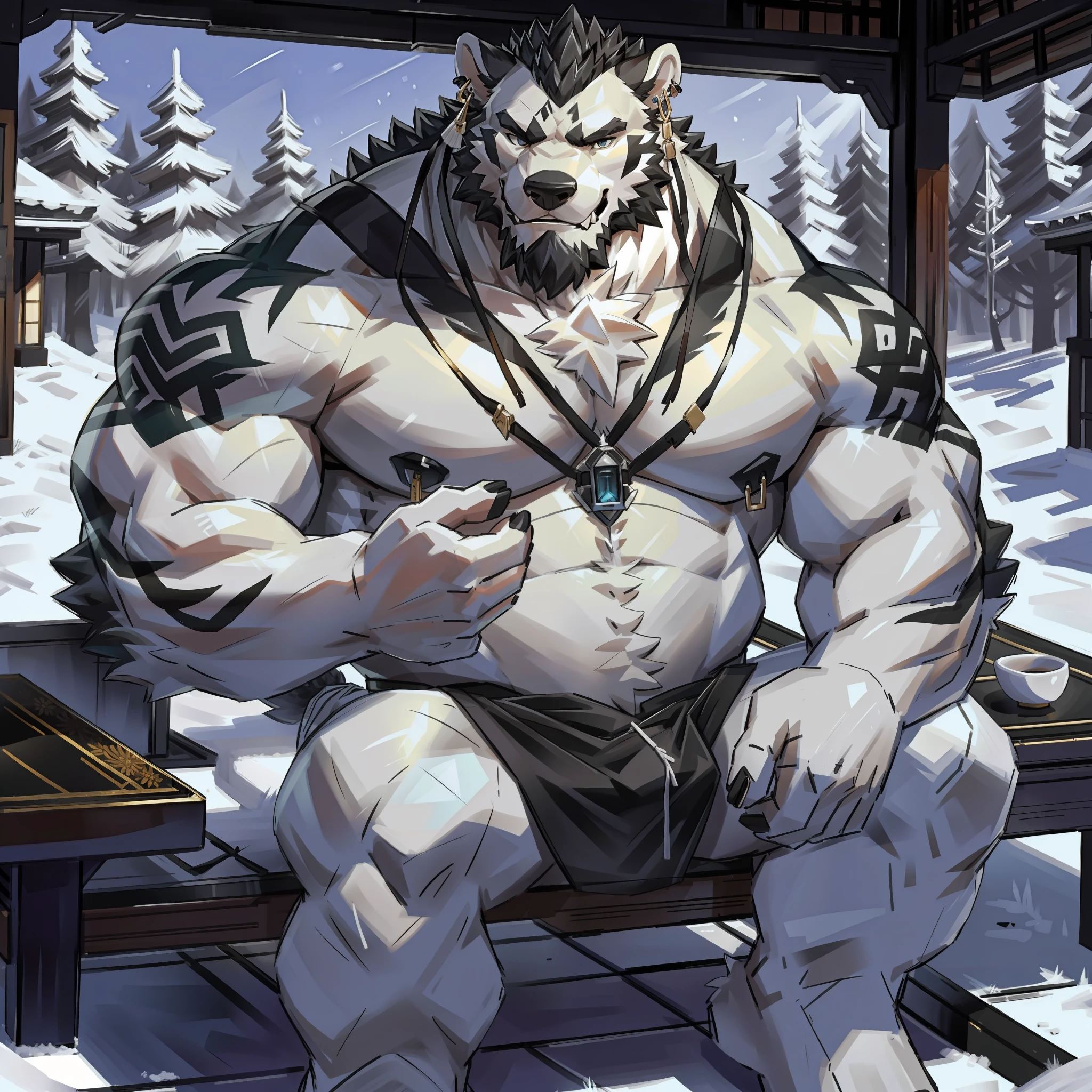 (morning), 1volibear, 独奏, 看着观众, winter, smile,肌肉男，beard,middle-aged，white fundoshi,((open) black kimono)，japanese traditional clothes,picture quality, full color, extreme detail,sit down,stud earrings,nipple ring,full body close-up, exquisite painting style,Tall Resolution, Downloads, 8k HD, Extreme Detail, Detailed Backgrounds,