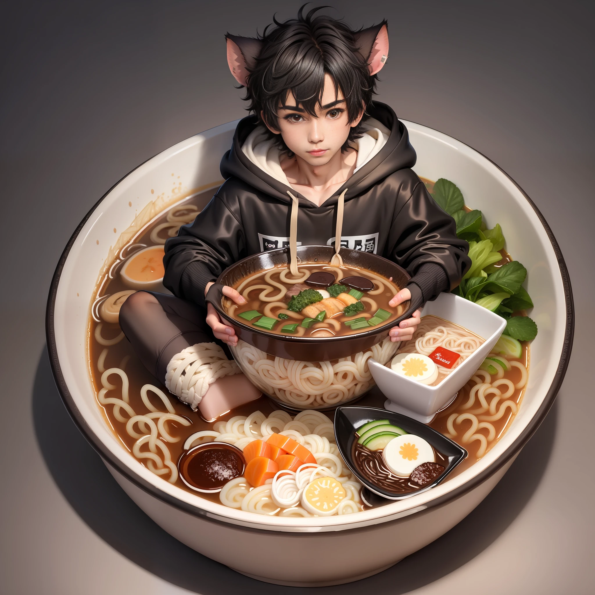 one possum boy inside a bowl of ramen, toned, flexing, possum ears, big black messy hair, masterpiece, vibrant, slim dark black hoodie, full body view, neutral face, black thigh socks, combat boots.