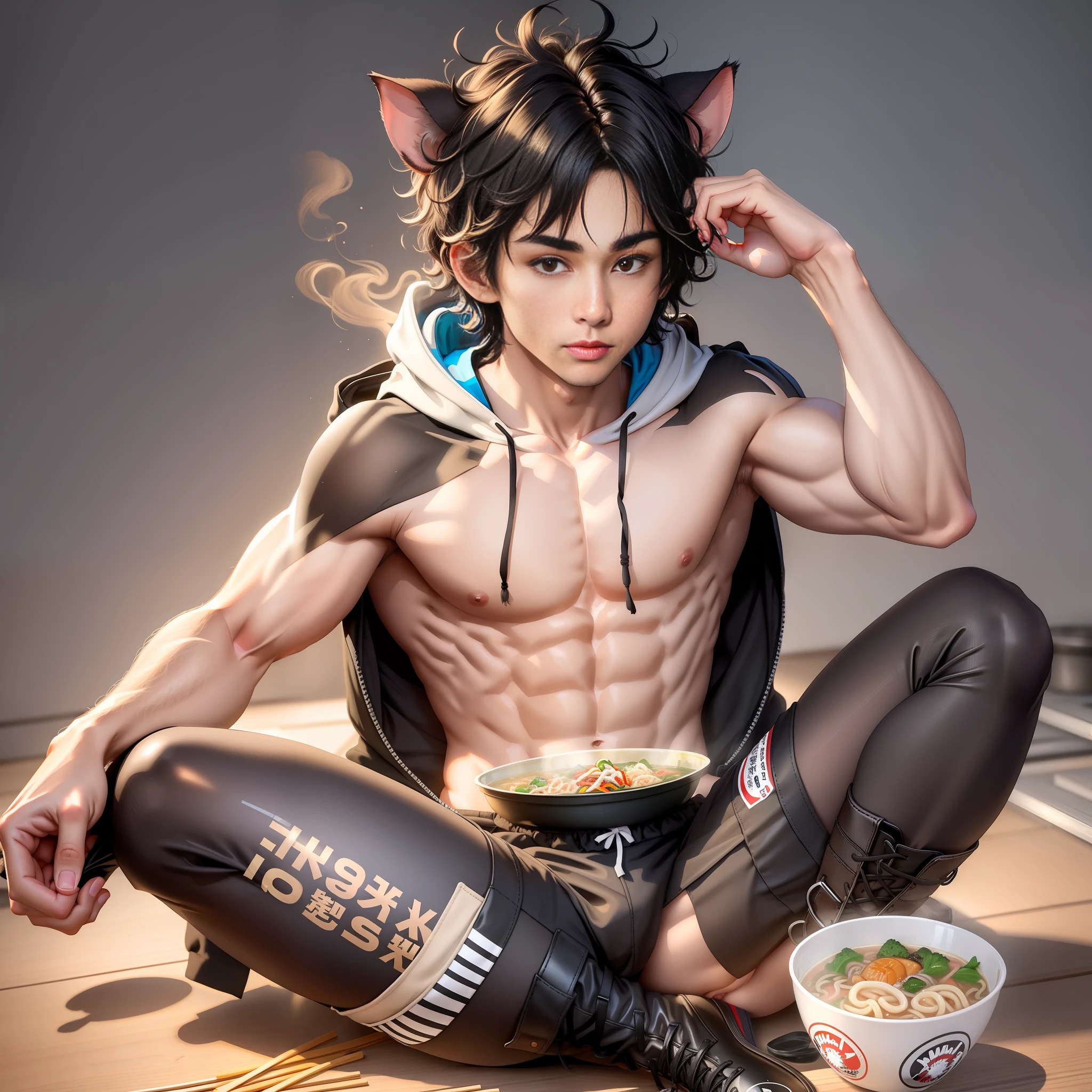 one possum boy inside a bowl of ramen, toned, flexing, possum ears, big black messy hair, masterpiece, vibrant, slim dark black hoodie, full body view, neutral face, black thigh socks, combat boots.