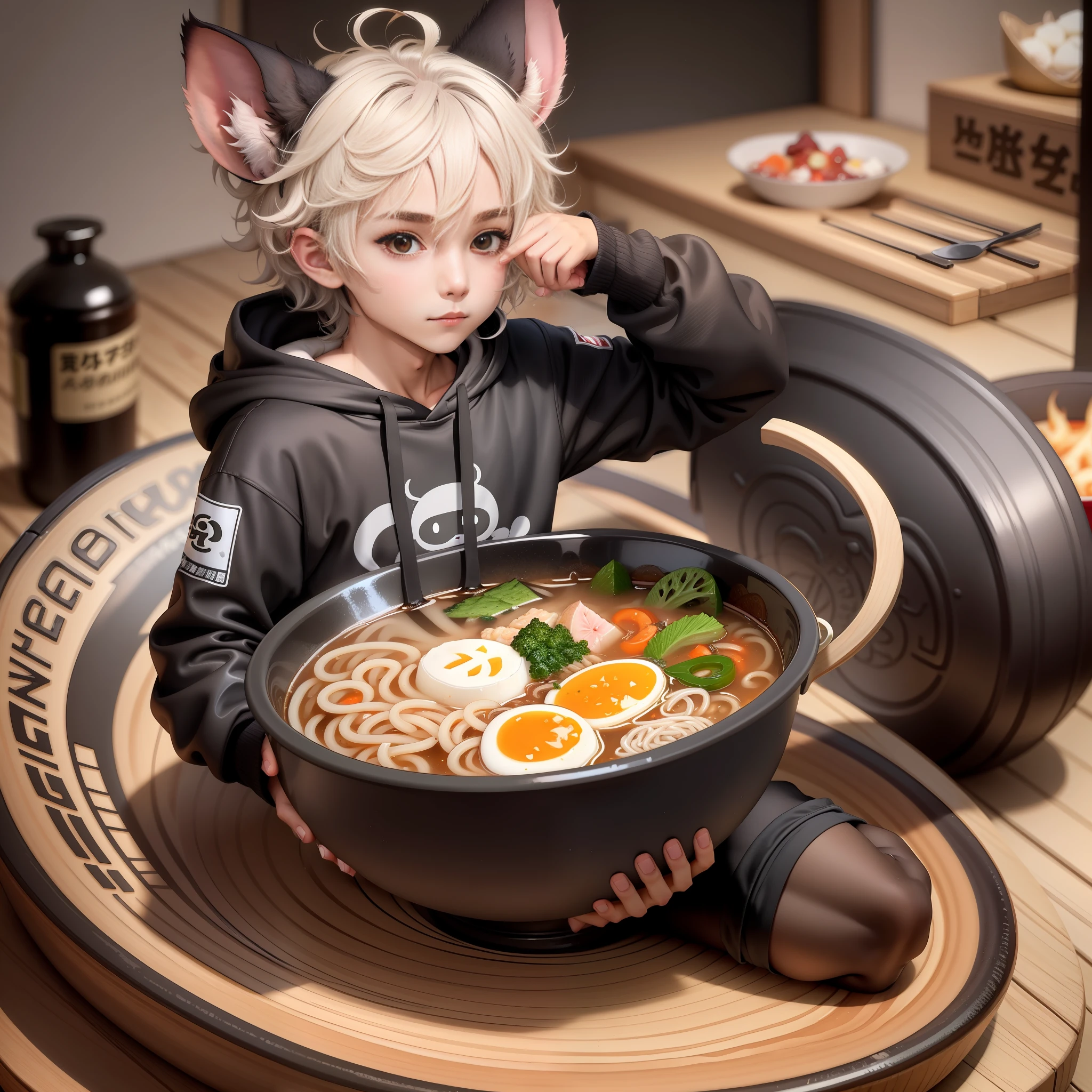 one possum boy inside a bowl of ramen, toned, flexing, possum ears, big black messy hair, masterpiece, vibrant, slim dark black hoodie, full body view, neutral face, black thigh socks, combat boots.