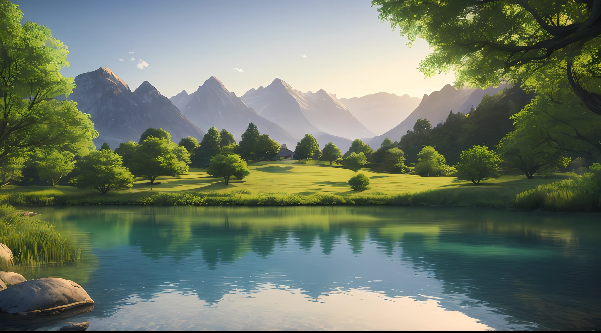 A peaceful place, very pleasant, aesthetic, calm, scenic. photorealistic, 8k uhd, studio quality, ultra realistic, max detail, massive scale, post-processing, realistic, photorealism, photoshop, photography, detailed, cinematic lighting, landscape, panoramic, landscape, raytracing, cinema4d