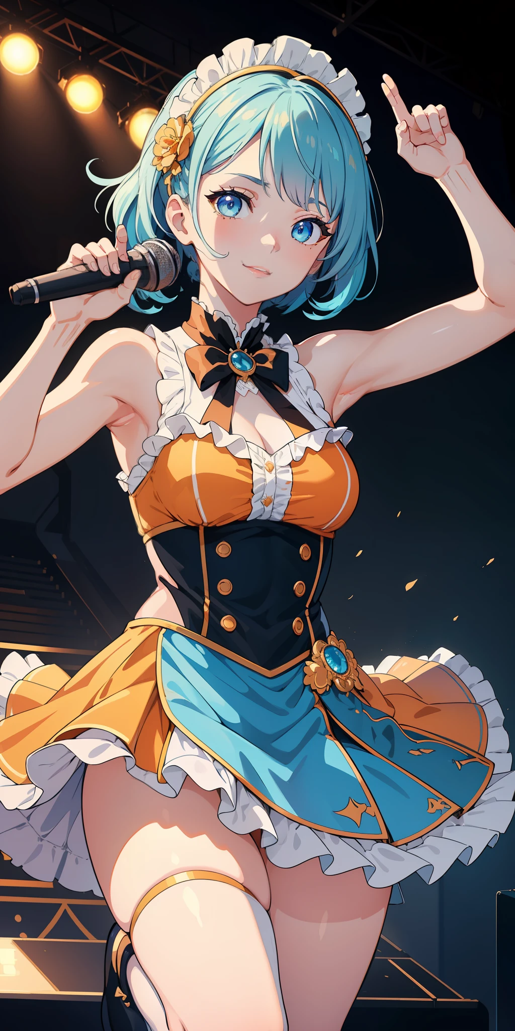 (masterpiece:1.2, best quality), (finely detailed beautiful eyes: 1.2), (extremely detailed CG unity 8k wallpaper, masterpiece, best quality, ultra-detailed, best shadow), (detailed background), (beautiful detailed face, beautiful detailed eyes), High contrast, (best illumination, extremely delicate and beautiful),1girl, dynamic angle,beautiful detailed glow,full body, two-tone hair, idol girl holding a microphone, wearing expensive frilly idol outfit, confident smile, pose, (light blue eyes, gradient eye color), colourful clothes, orange colour scheme, concert stage background, sleeveless, armpit