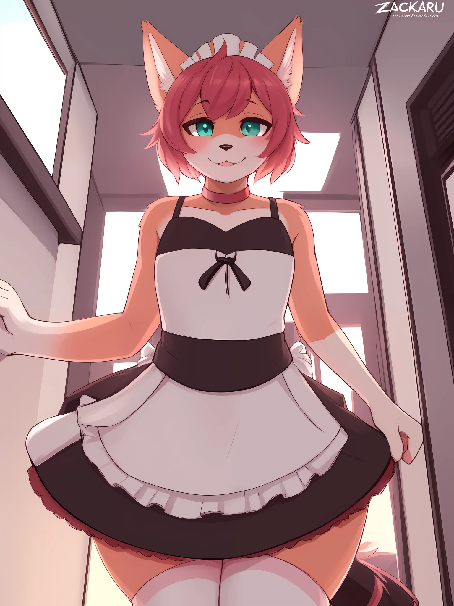 by zackary911, (coffeesoda:1.1), hioshiru, zackary911, giant femboy, elevator, huge boyfriend perspective, anthro, canine, solo, low angle, big thighs, huge butt, laying on belly, blepping, teasing smile, maid, maid outfit, maid skirt