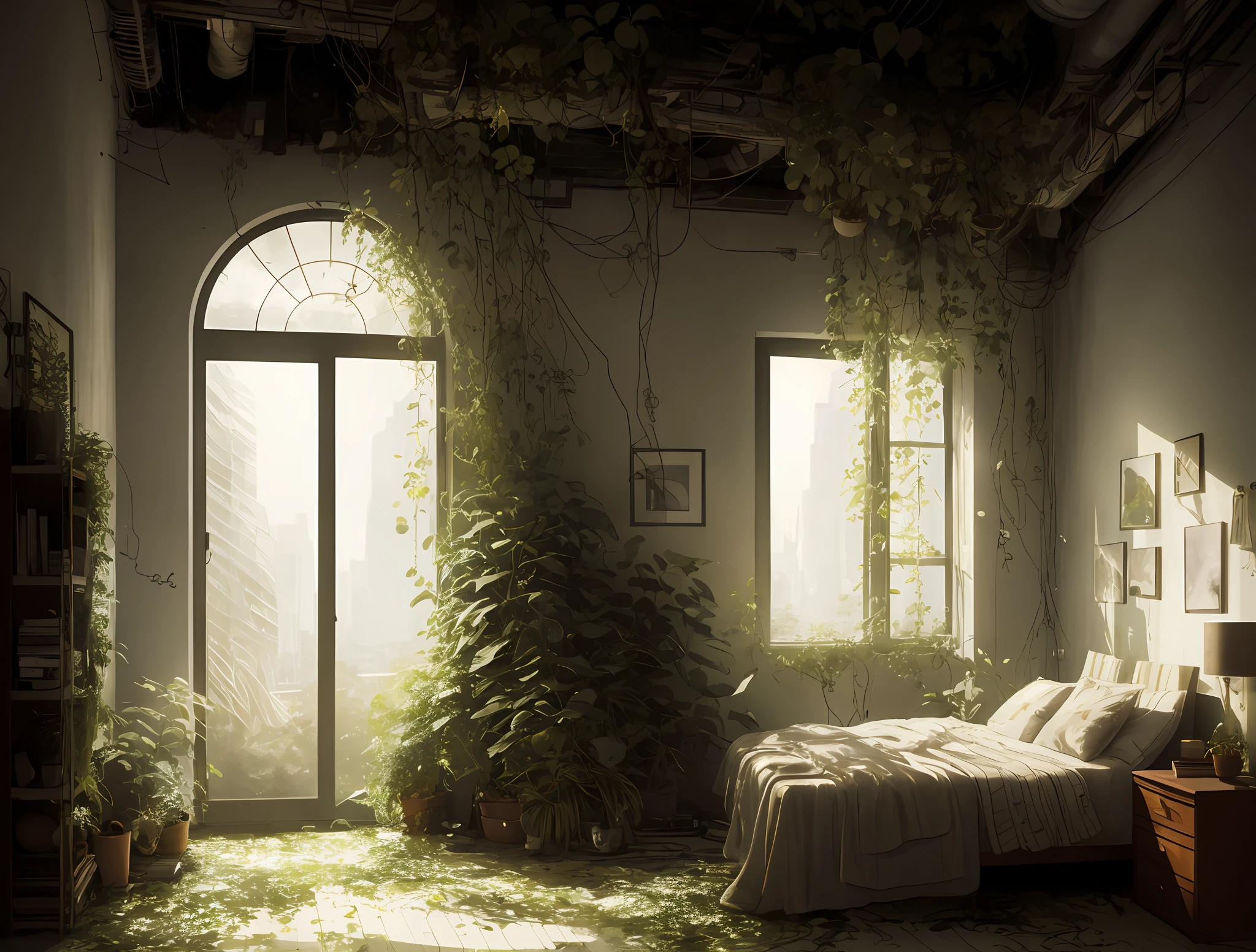 over_grown, apartment beautiful studio with ufo sitting on the floor, soft light, rim light, amazing, finely detail, masterpiece,best quality,official art, best quality, masterpiece, illustration