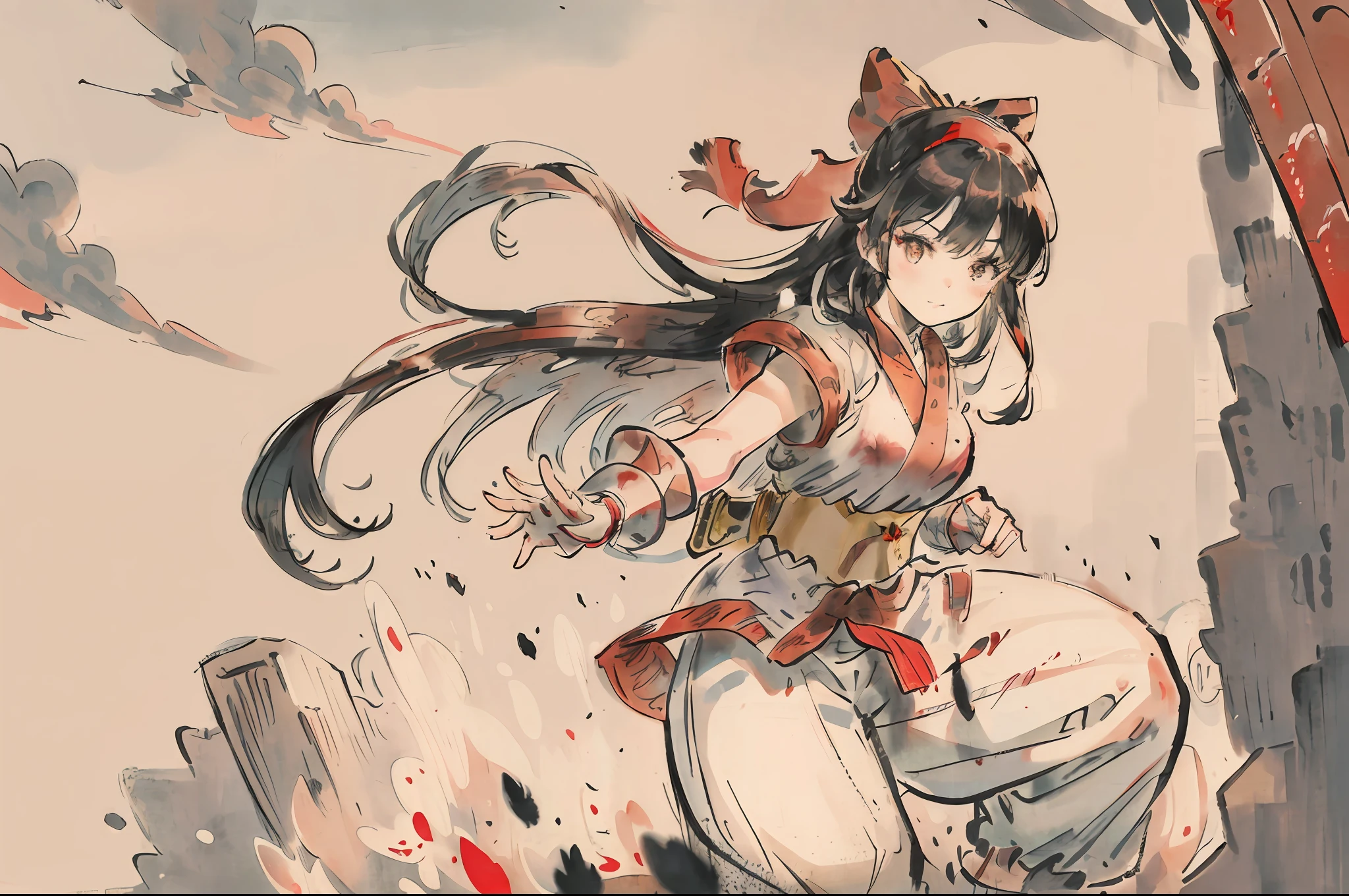 masterpiece, best quality,1girl, red bow, bow, long hair, hair bow, ainu clothes, solo, hairband, bird, black hair, fingerless gloves, short sleeves, gloves, sash, pants, bangs, red hairband, weapon, breasts, brown eyes, white pants, japanese clothes, nakoruru, light smile, officials art, good composition, official pose, detailed portrait, portrait, bokeh, mountain background with cloud, pencil style, traditional brush, samurai, onmyoji style, high resolution, dramatic lighting and shadow, sun flared, blurry foreground, blood plashing around