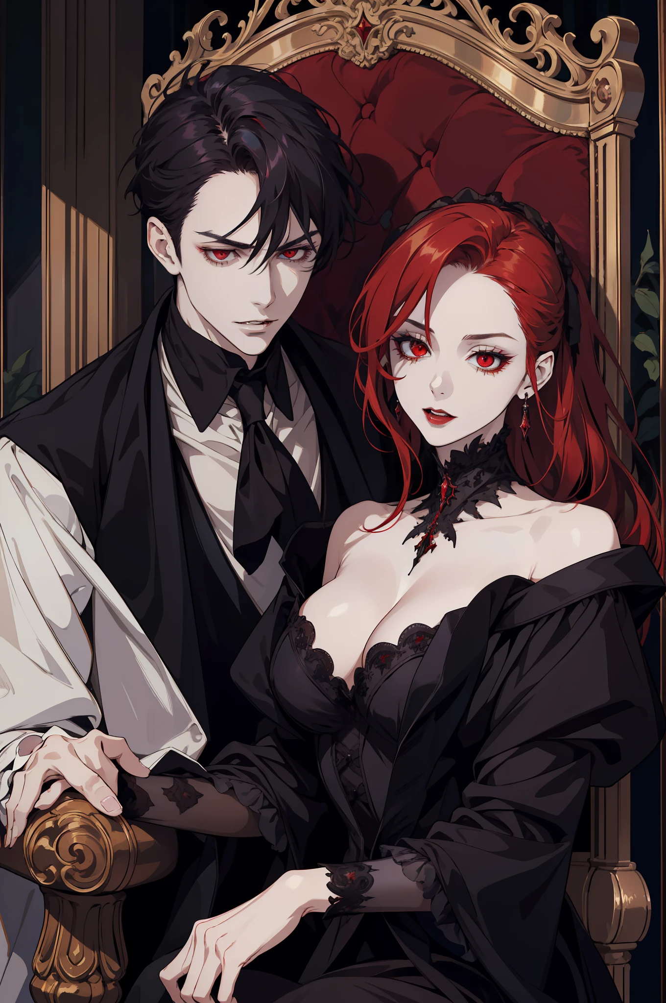 (absurdres, highres, ultra detailed), 1pale boy, handsome and 2 brunettes girl 3 bitten neck innocent girl,  finely detailed red eyes and detailed face, shiny hair, 18th-century vampire baroque mansion, garden, nobleman, aristocratic, elegant, bloody, dark, dusk, horror scenery, grim