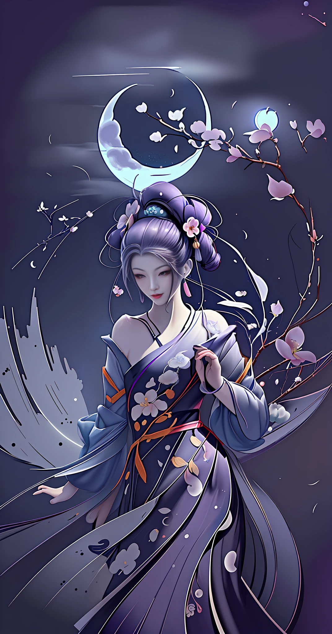 A painting of a plum blossom tree with the moon in the background, inspired by George Lacom, James M. R. Izzy, Night Moonlight, Moonlight Night, Moonlight, Calm Night. Digital illustration, inspired by Marin, moonlight, inspired by Ji Sheng, Autumn Night, inspired by Shen Shichong, luminous style painting, moonlight, dreamy