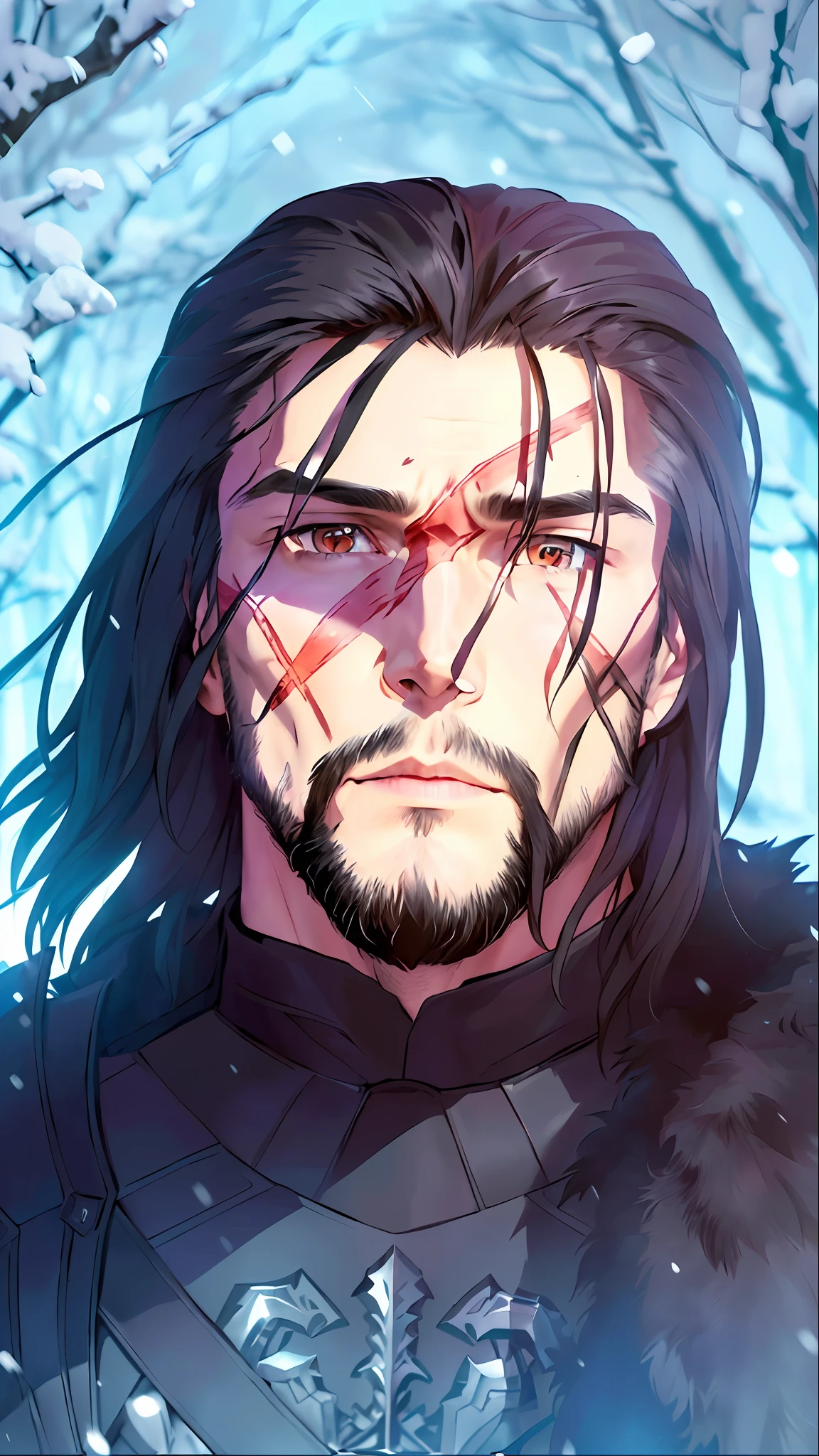 A close-up of a man with long hair and beard, handsome boy in a fantasy world, his eyes are red and bright, his eyes bright red like intense blood, Aragorn in an anime world, detailed fanart, John Snow, Johnny Silverhand, Caleb from Critical Role, Jon Snow, avatar image, Demon Slayer Rui fanart, Keanu Reeves as Geralt of Rivia, black armor like obsidian and a black bear skin as a cape, background of a cold forest in winter, 30:(3 0) year old man, man with 2 scars on his face, diagonally shaped scar on his face, scar on the cheek, scars of animal claws