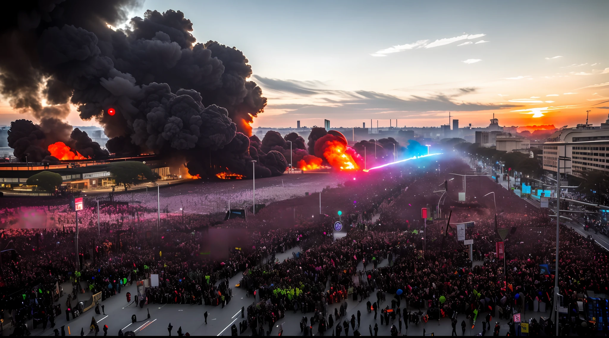 futuristic scenes showing the clash of armed forces with protesters (vibrant, photorealistic, realistic, dramatic, dark, sharp focus, 8k)