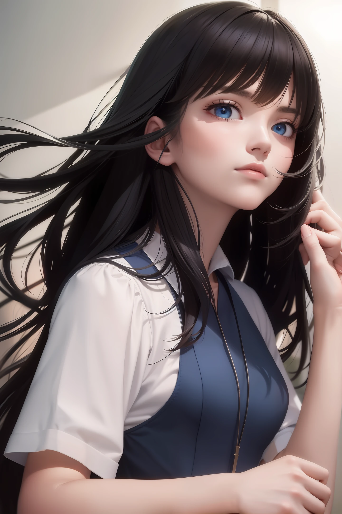 Violin concerto, long hair, blue eyes, sophistication