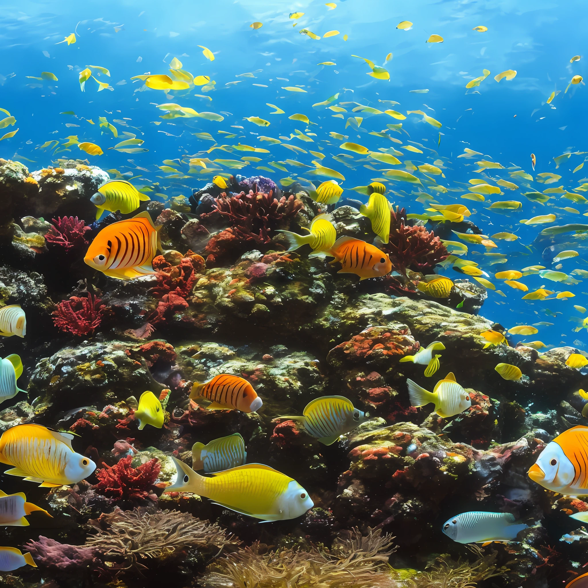 Image of the seabed, various fish and marine animals, aquatic plants, various colors, 8k quality, cinematic focus, reflections