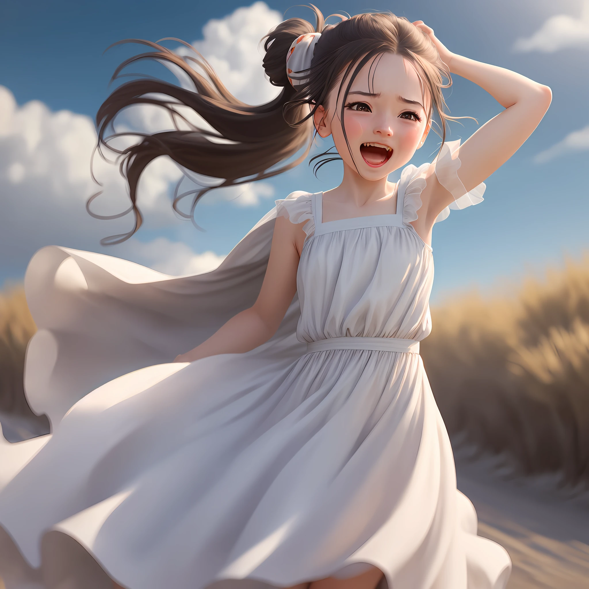 Wind, girl in a long dress, dress fluttering in the wind realism, hair tied, ponytail on top of her head, girl screaming, realism, realism 4k