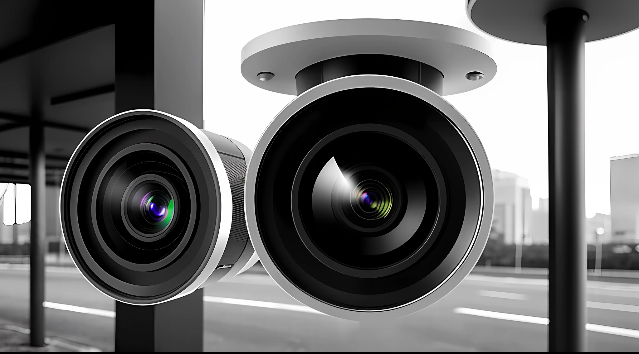futuristic surveillance cameras, dystopian society (vibrant, photorealistic, realistic, dramatic, dark, sharp focus, 8k)
