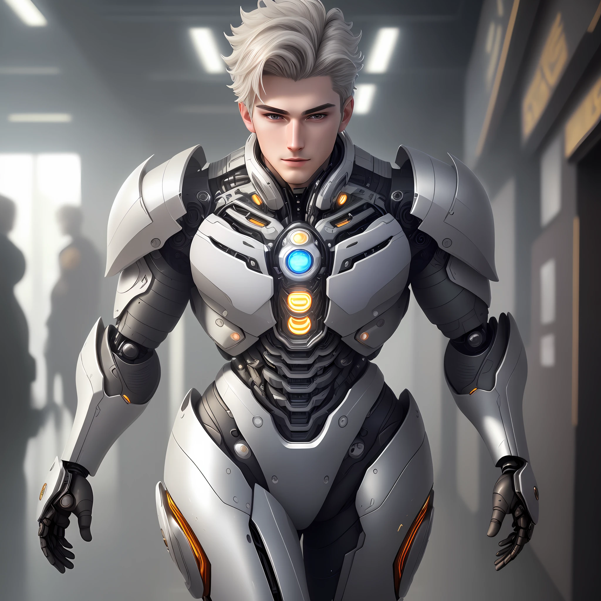 Young man with ultra detailed complex 3D rendering of a porcelain profile ((cute, sexy, male)) android face, cyborg, robotic parts, 150 mm, beautiful soft light studio, rim light, vibrant details, luxurious cyberpunk, hyper-realistic, anatomical , facial muscles, electrical cables, microchip, elegant, future city background, octane rendering, HR Giger style, best quality,  masterpiece, illustration, extremely delicate and beautiful, extremely detailed, CG, unit, (realistic, photo-realistic: 1.37), Incredible, fine details, masterpiece, best quality, official art, incomparable masterpiece, ultra realistic 8k CG, perfect art, ((perfect male figure)), narrow waist, high sharpness, ((detailed face and eyes)), Masterpiece, best quality, extremely detailed CG, incredibly absurd, robot, silver helmet, full body