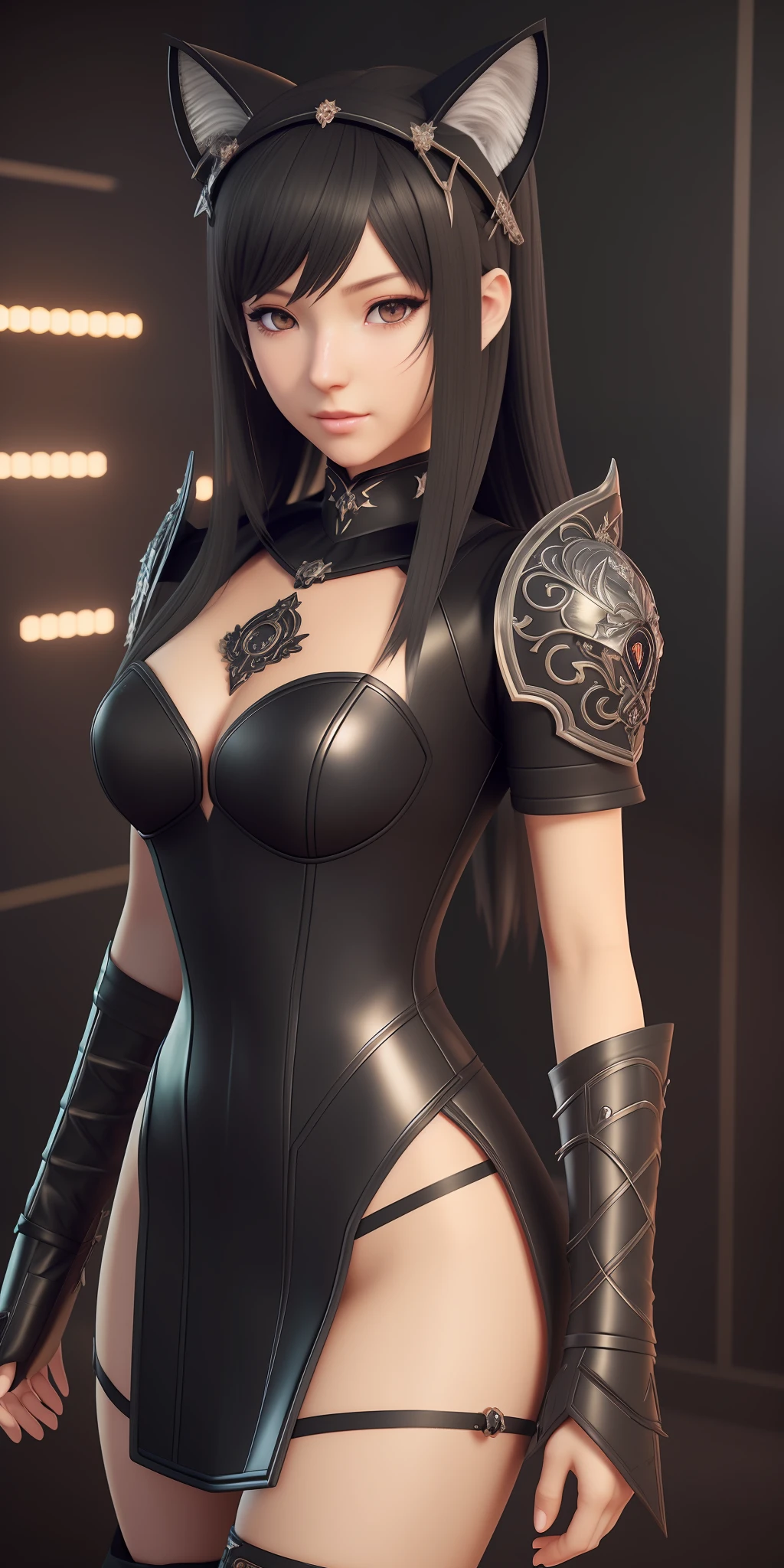 a close up of a woman in a black dress with a cat ears, 3 d render character art 8 k, game cg, perfect android girl, portrait knights of zodiac girl, artgerm ; 3d unreal engine, beautiful female android!, digital fantasy character, 8k high quality detailed art, hyperdetailed fantasy character, intricate ornate anime cgi style