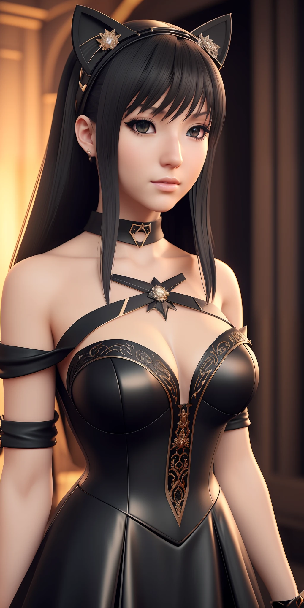 a close up of a woman in a black dress with a cat ears, 3 d render character art 8 k, game cg, perfect android girl, portrait knights of zodiac girl, artgerm ; 3d unreal engine, beautiful female android!, digital fantasy character, 8k high quality detailed art, hyperdetailed fantasy character, intricate ornate anime cgi style