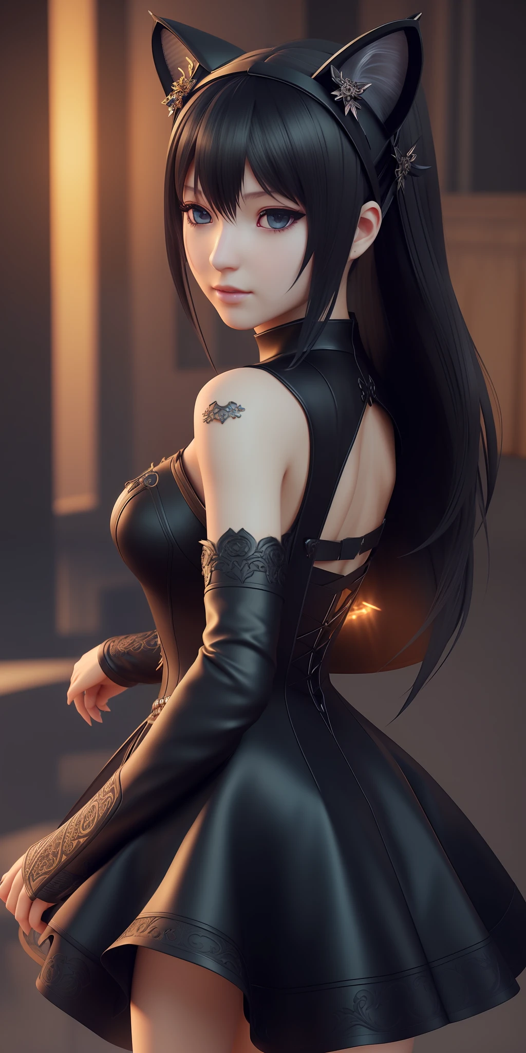 a close up of a woman in a black dress with a cat ears, 3 d render character art 8 k, game cg, perfect android girl, portrait knights of zodiac girl, artgerm ; 3d unreal engine, beautiful female android!, digital fantasy character, 8k high quality detailed art, hyperdetailed fantasy character, intricate ornate anime cgi style