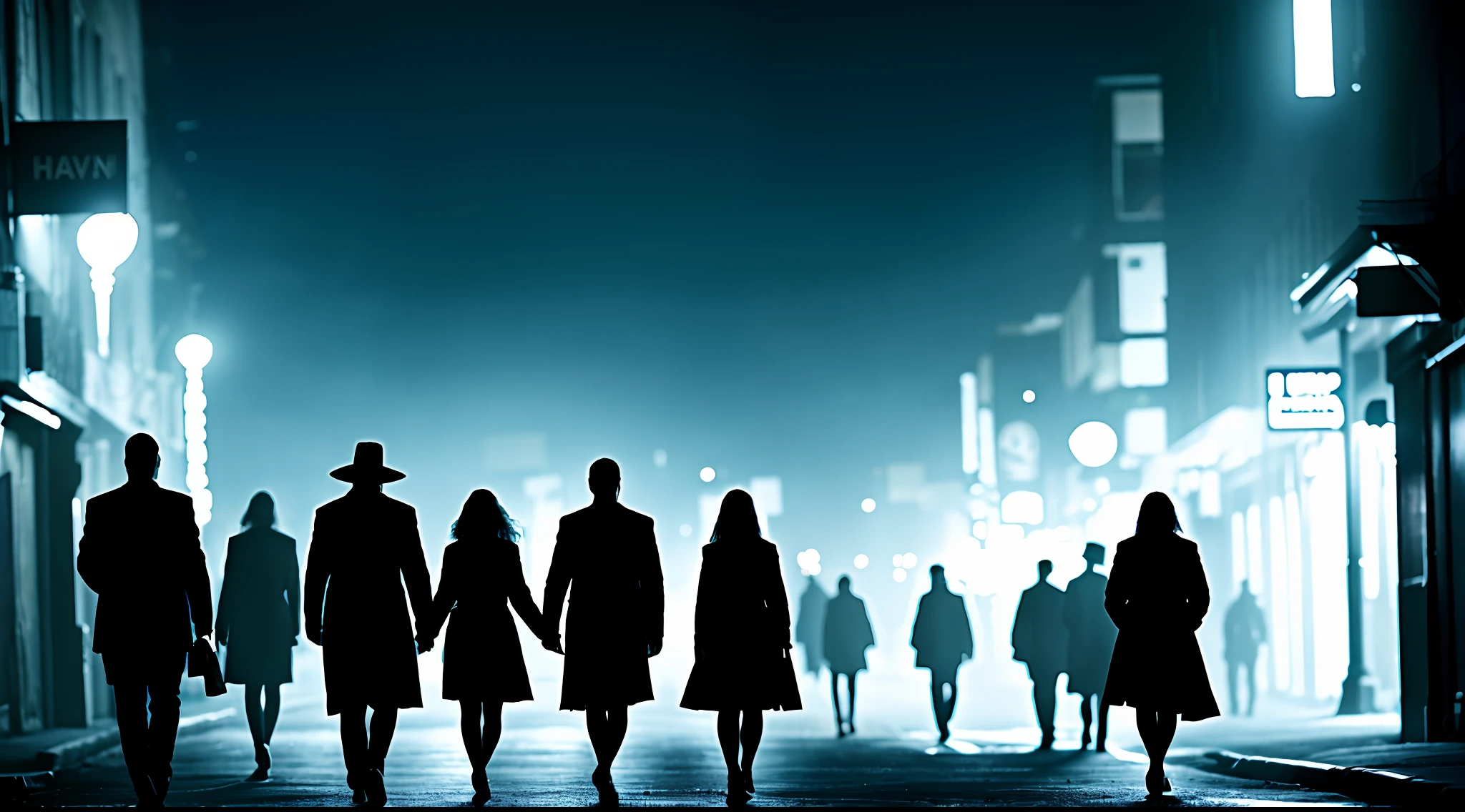 dark alleys and silhouettes of secret meetings in a dystopian world (vibrant, photorealistic, realistic, dramatic, dark, sharp focus, 8k)